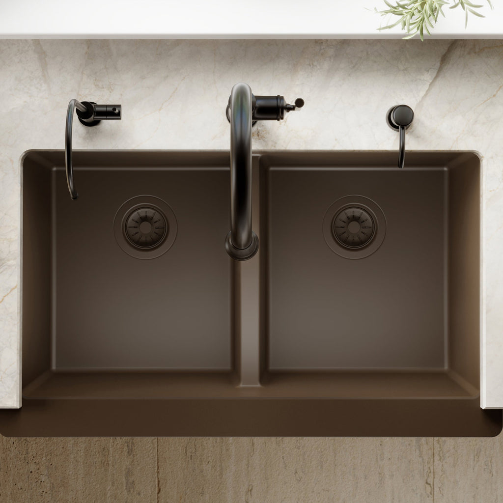 34" Retrofit Farmhouse Double Equal Bowl Quartz Composite Kitchen Sink In Brown