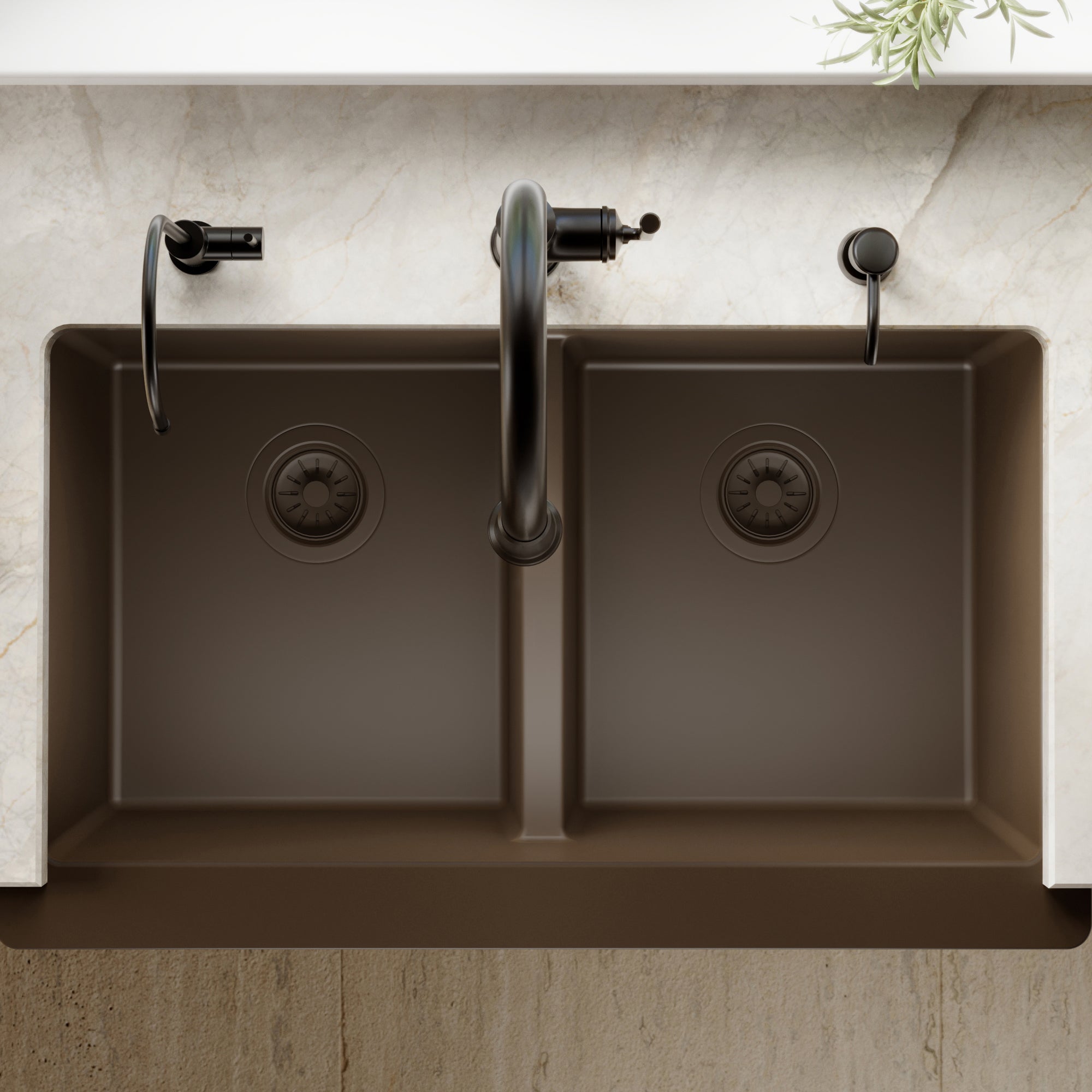 34" Retrofit Farmhouse Double Equal Bowl Quartz Composite Kitchen Sink In Brown