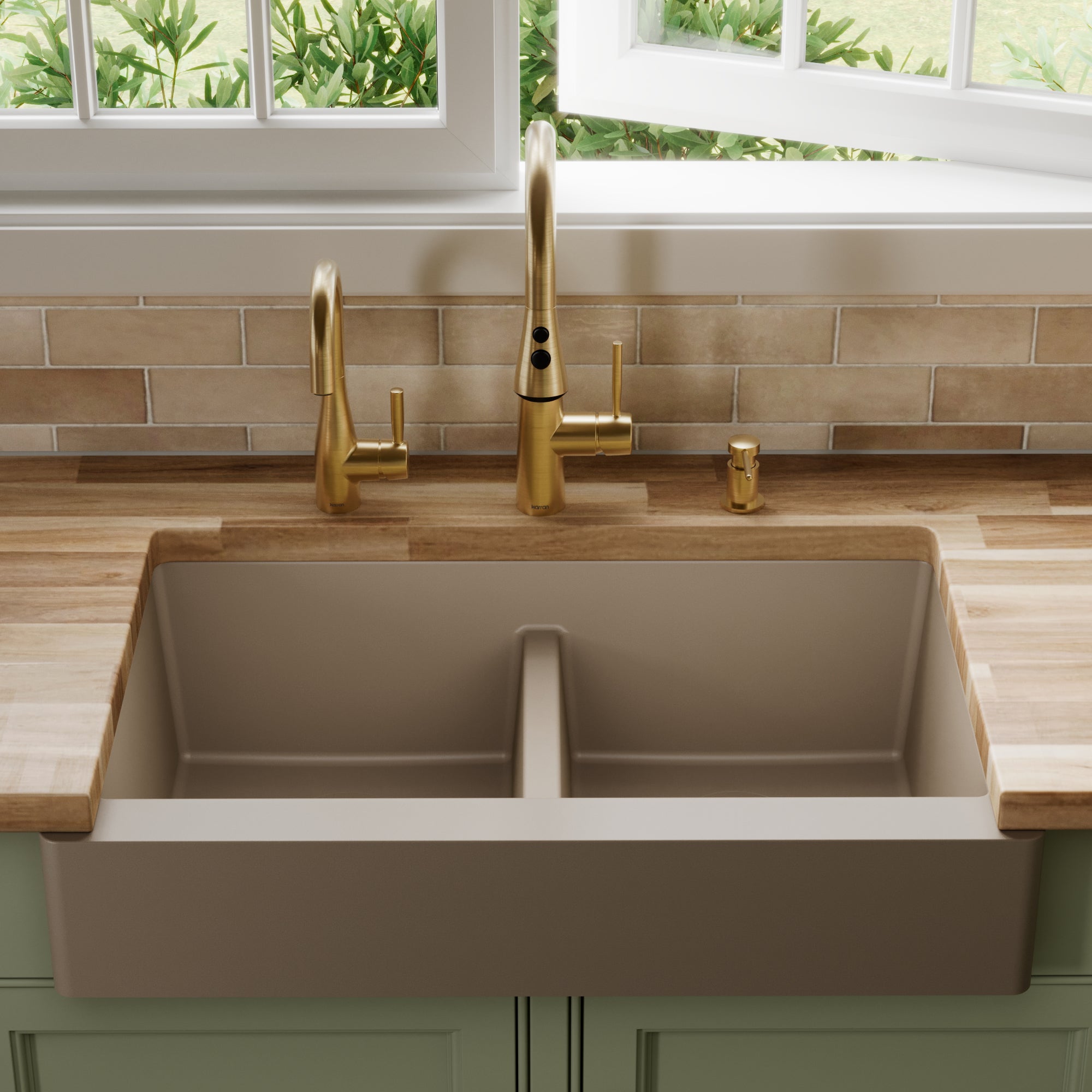 34" Retrofit Farmhouse Double Equal Bowl Quartz Composite Kitchen Sink In Concrete