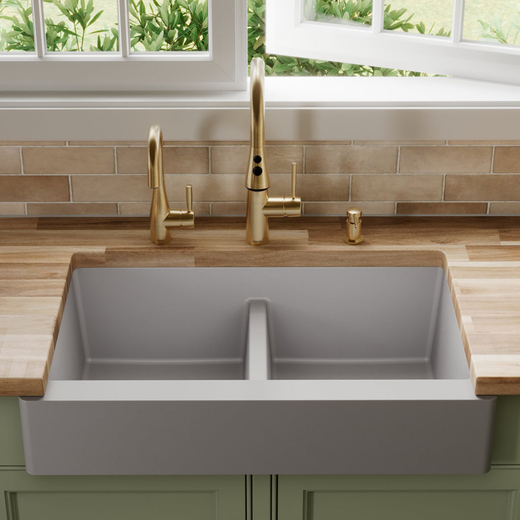 34" Retrofit Farmhouse Double Equal Bowl Quartz Composite Kitchen Sink In Grey