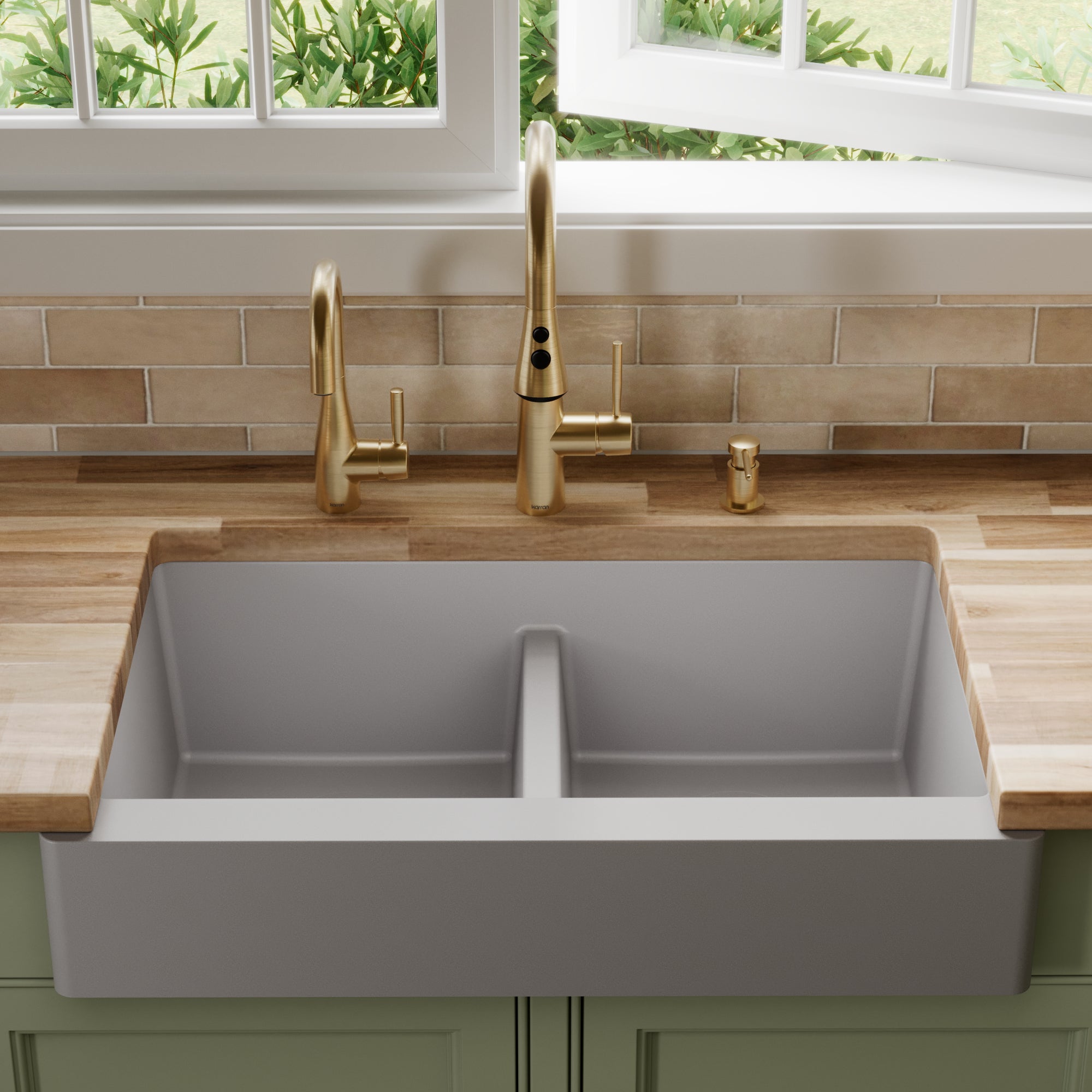 34" Retrofit Farmhouse Double Equal Bowl Quartz Composite Kitchen Sink In Grey