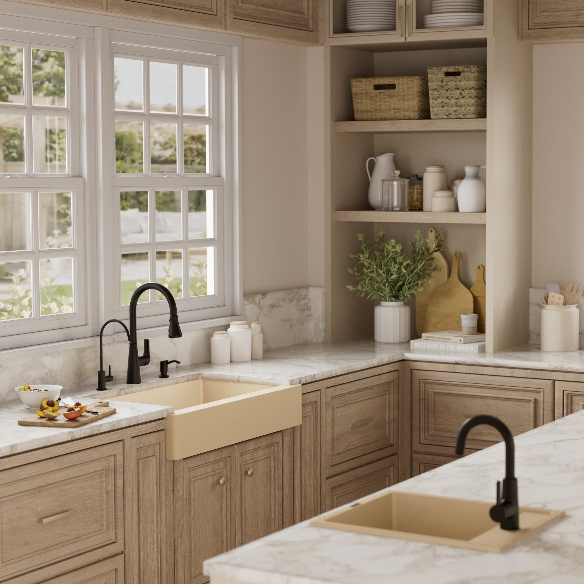 34" Retrofit Farmhouse Double Offset Bowl Quartz Composite Kitchen Sink Kit In Bisque