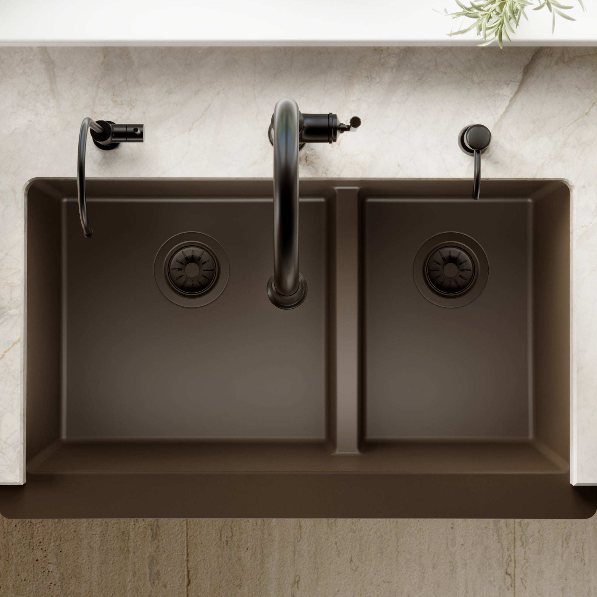 34" Retrofit Farmhouse Double Offset Bowl Quartz Composite Kitchen Sink In Brown