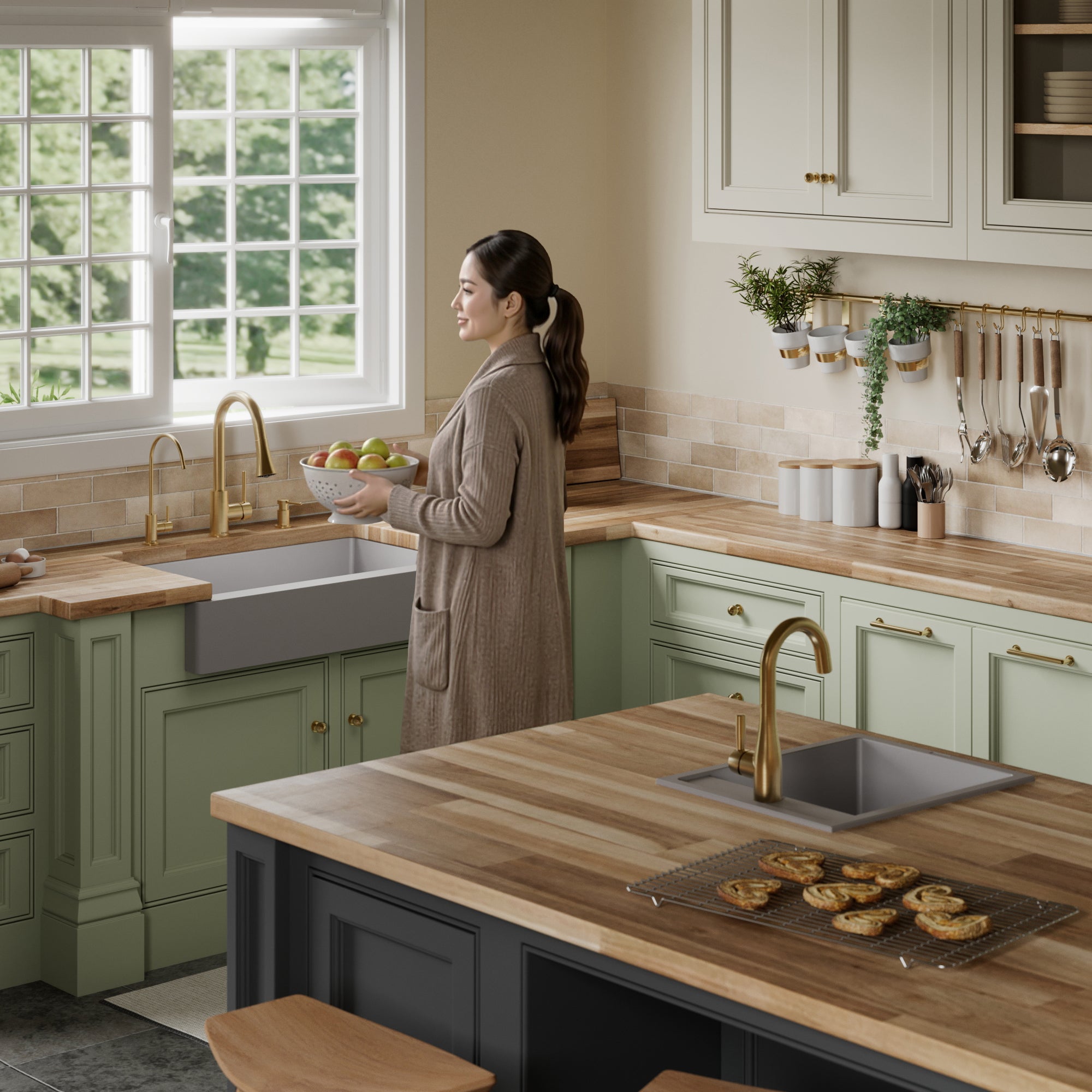 34" Retrofit Farmhouse Double Offset Bowl Quartz Composite Kitchen Sink Kit In Grey