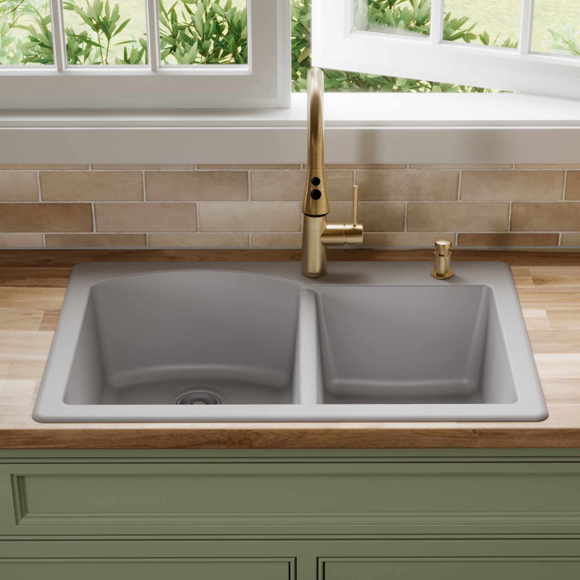 33" Top Mount Double Offset Bowl Quartz Composite Kitchen Sink In Grey
