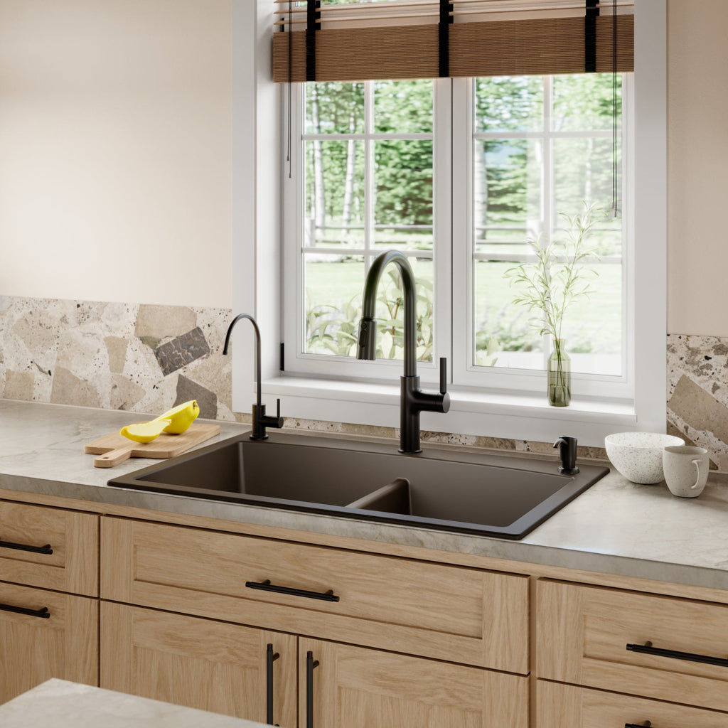 33" Top Mount Double Equal Bowl Quartz Composite Kitchen Sink Kit In Brown