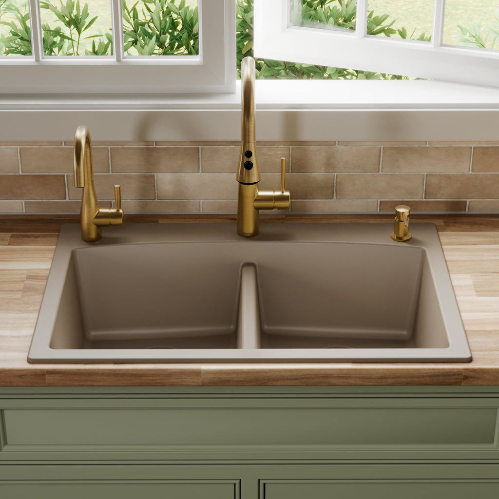 33" Top Mount Double Equal Bowl Quartz Composite Kitchen Sink In Concrete