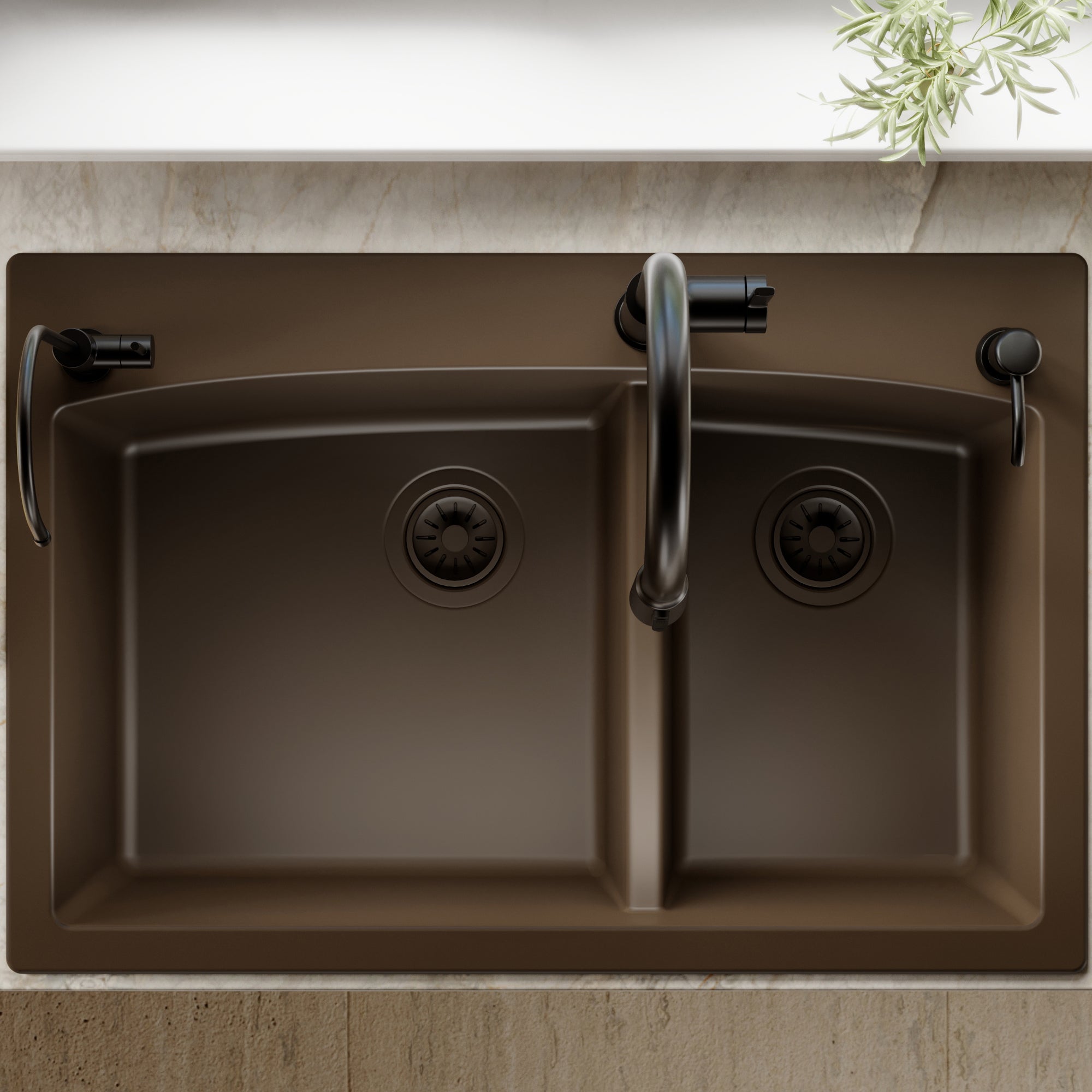 33" Top Mount Double Offset Bowl Quartz Composite Kitchen Sink In Brown