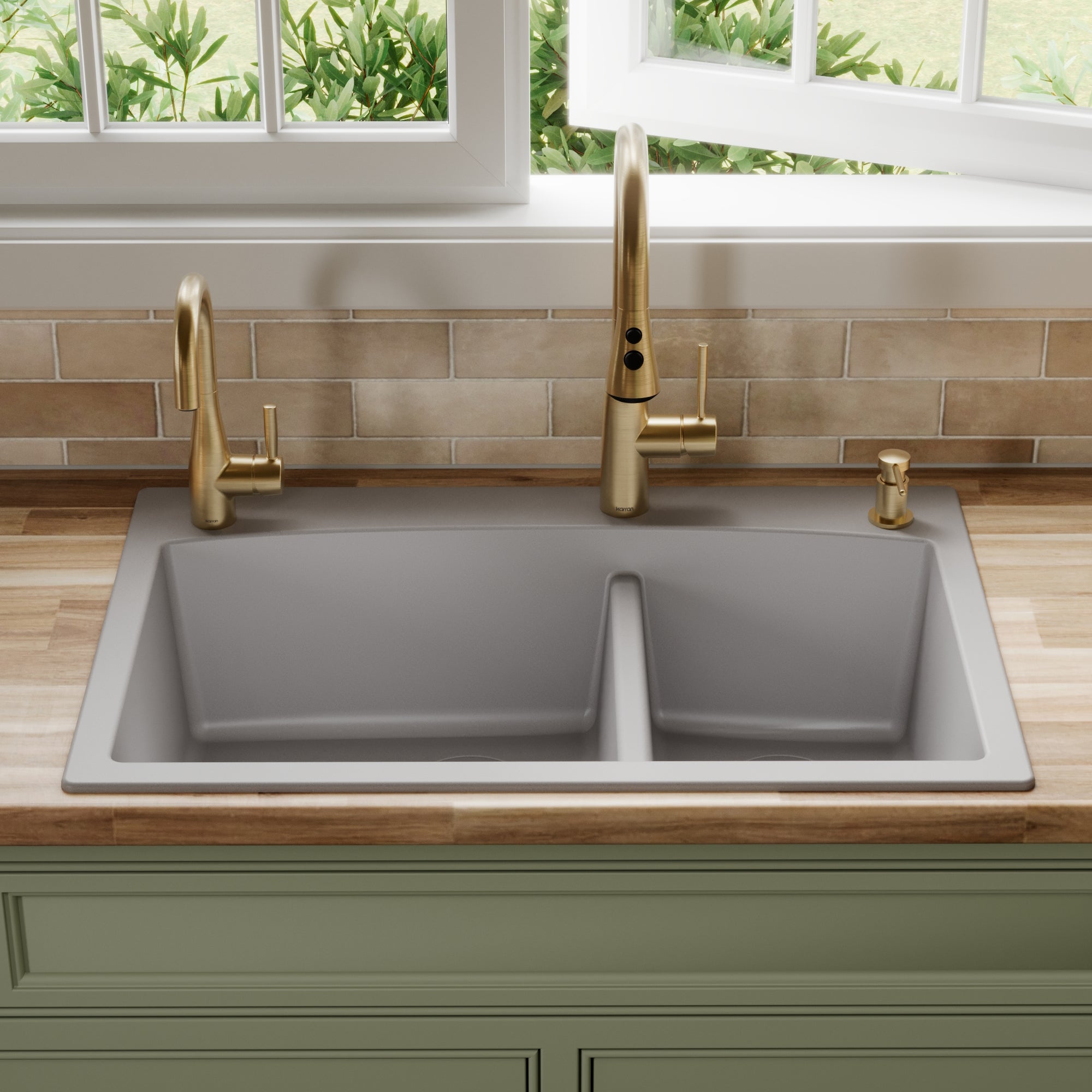 33" Top Mount Double Offset Bowl Quartz Composite Kitchen Sink In Grey