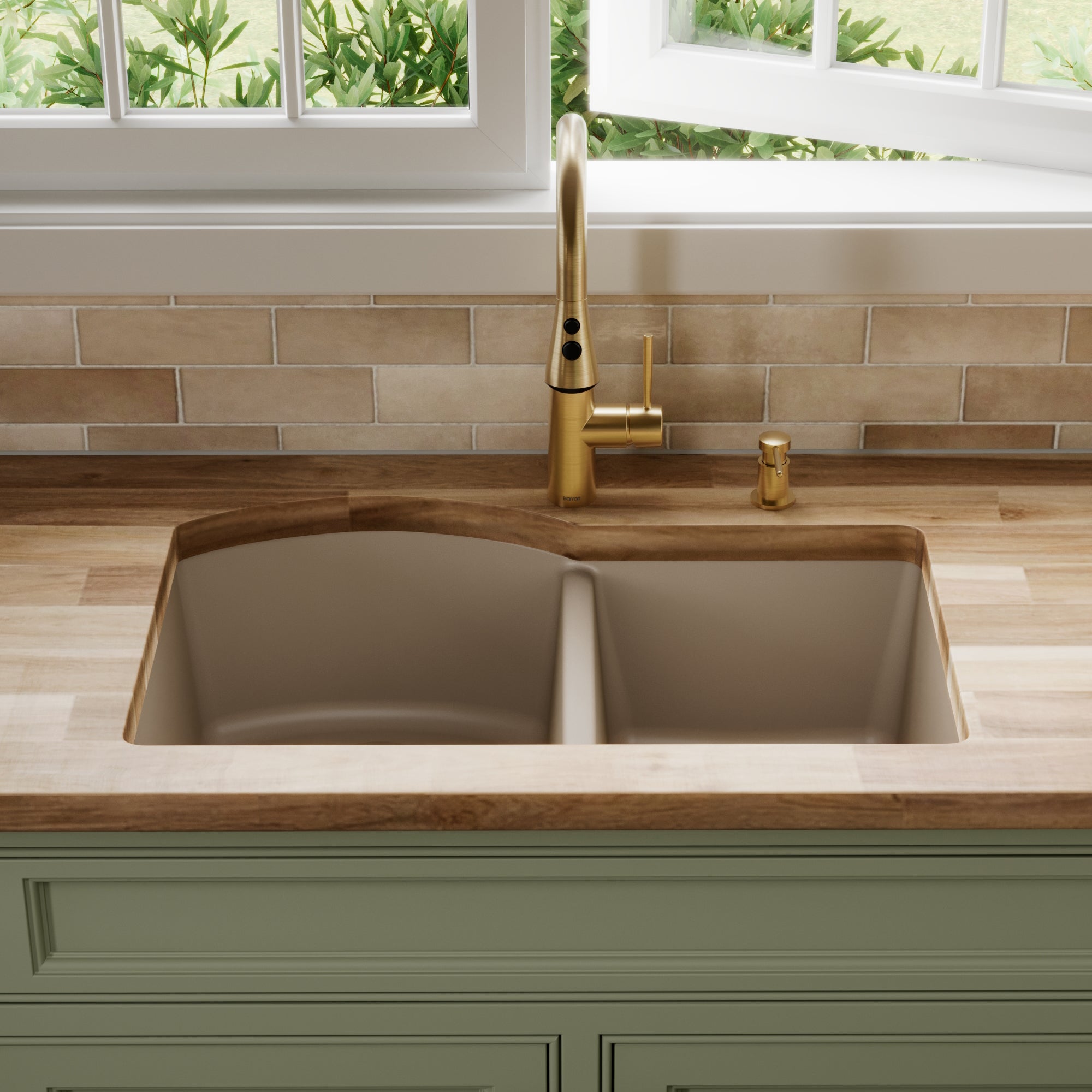 32-1/4" Undermount Double Offset Bowl Quartz Composite Kitchen Sink In Concrete