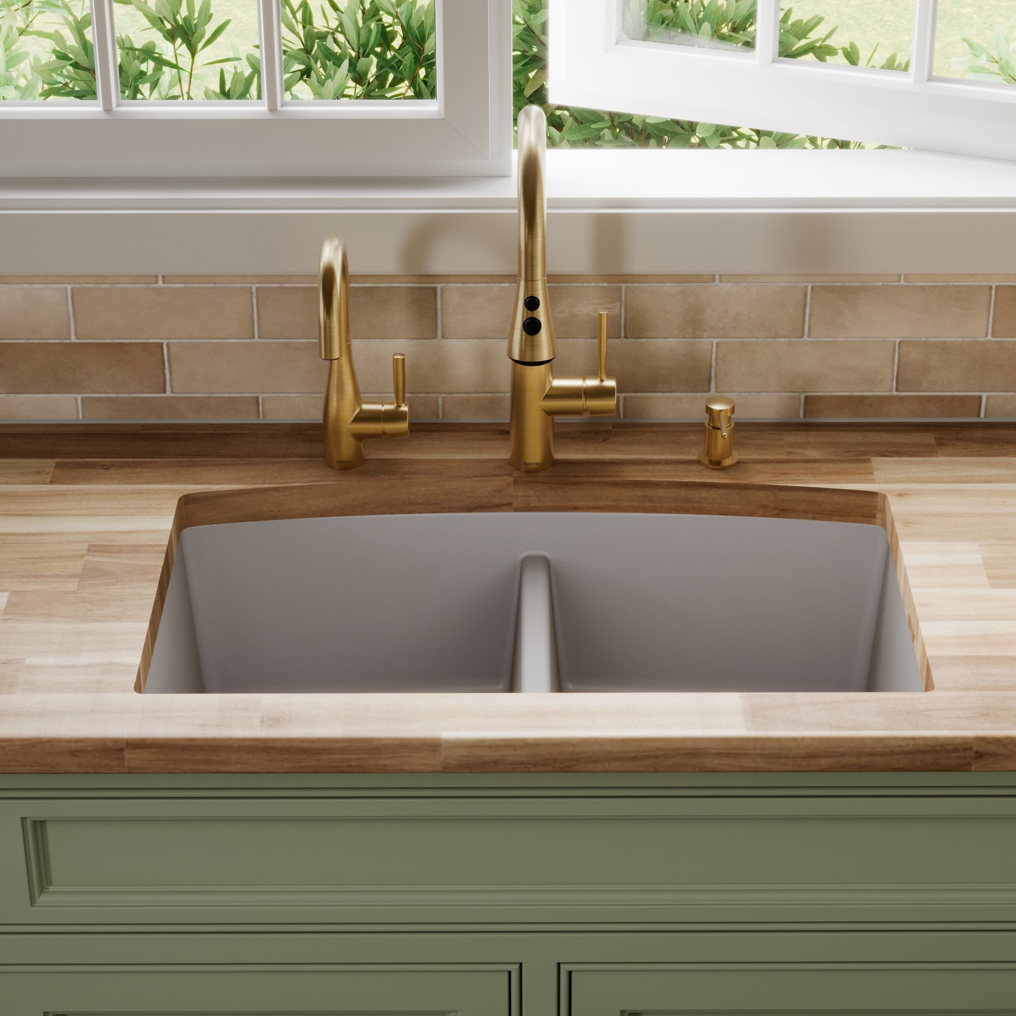 32-1/2" Undermount Double Equal Bowl Quartz Composite Kitchen Sink In Grey
