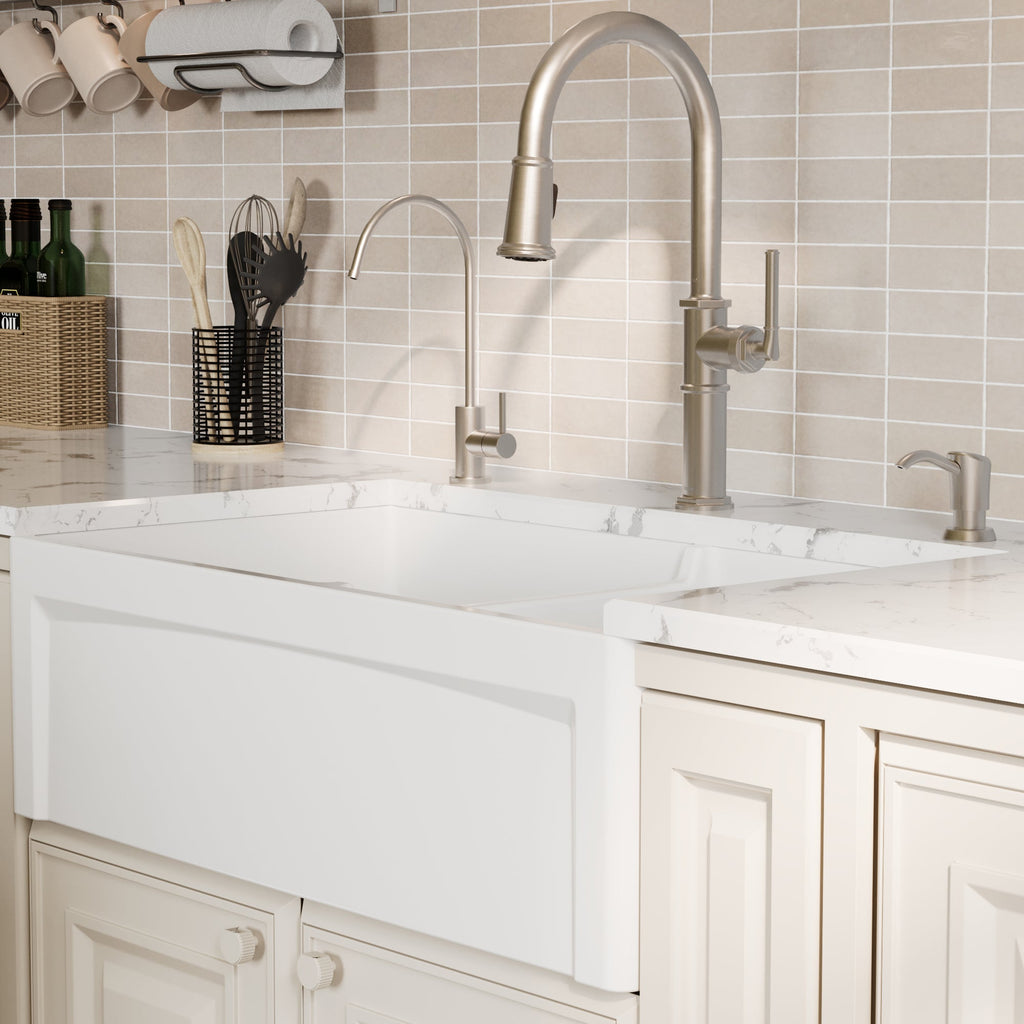 Fireclay 33" Reversible Apron Front Double Bowl Kitchen Sink In White
