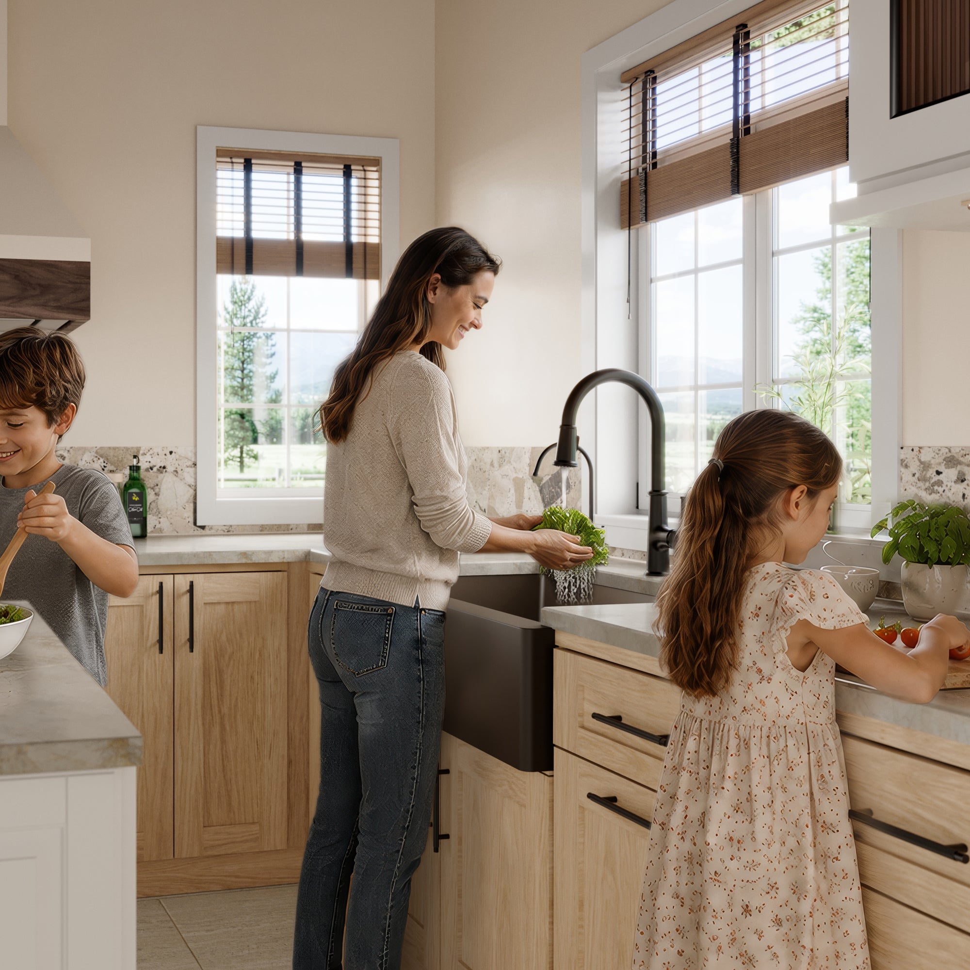 34" Farmhouse Double Equal Bowl Quartz Composite Kitchen Sink In Brown