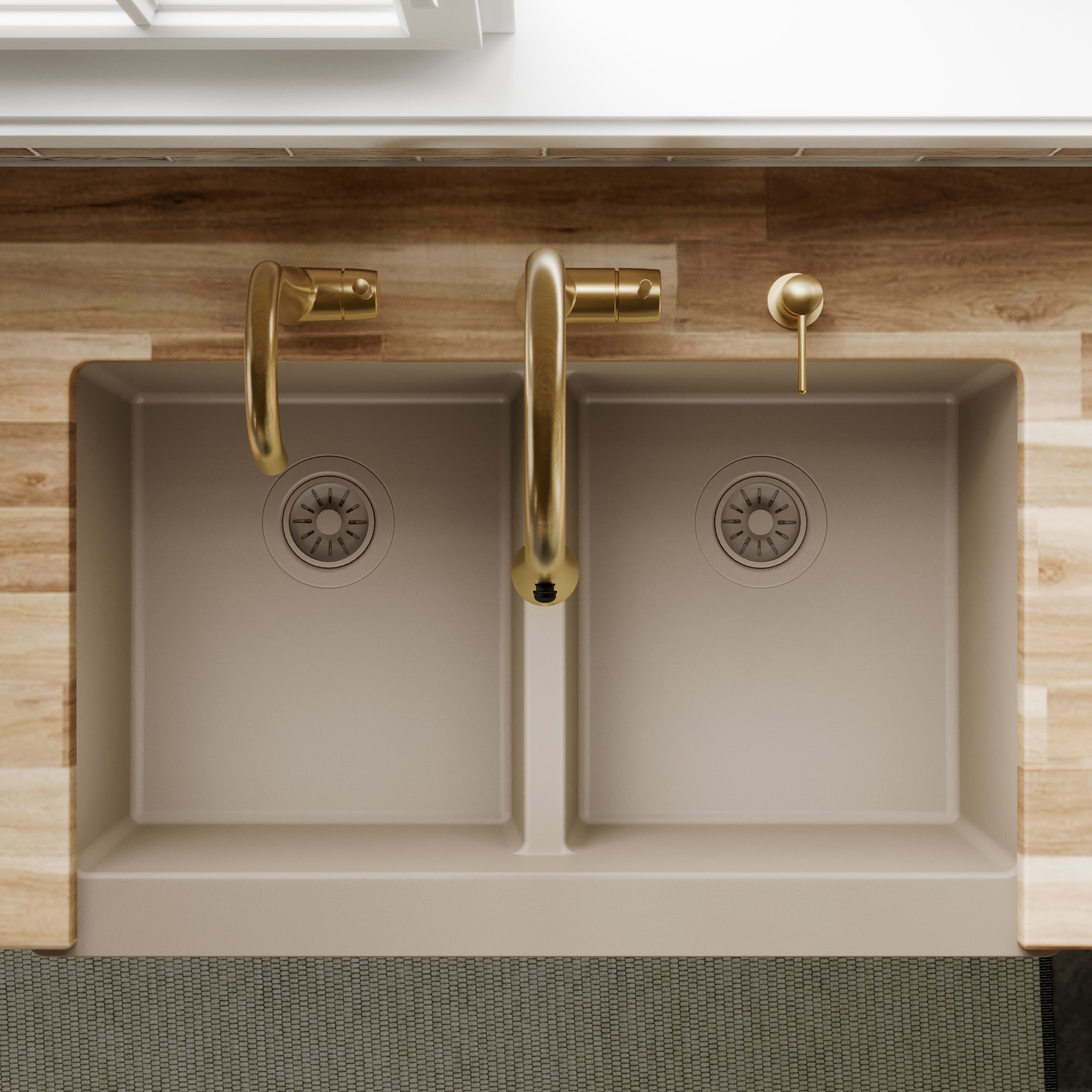 34" Farmhouse Double Equal Bowl Quartz Composite Kitchen Sink In Concrete