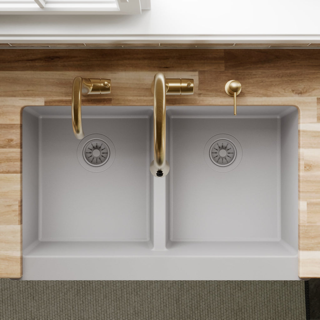 34" Farmhouse Double Equal Bowl Quartz Composite Kitchen Sink In Grey