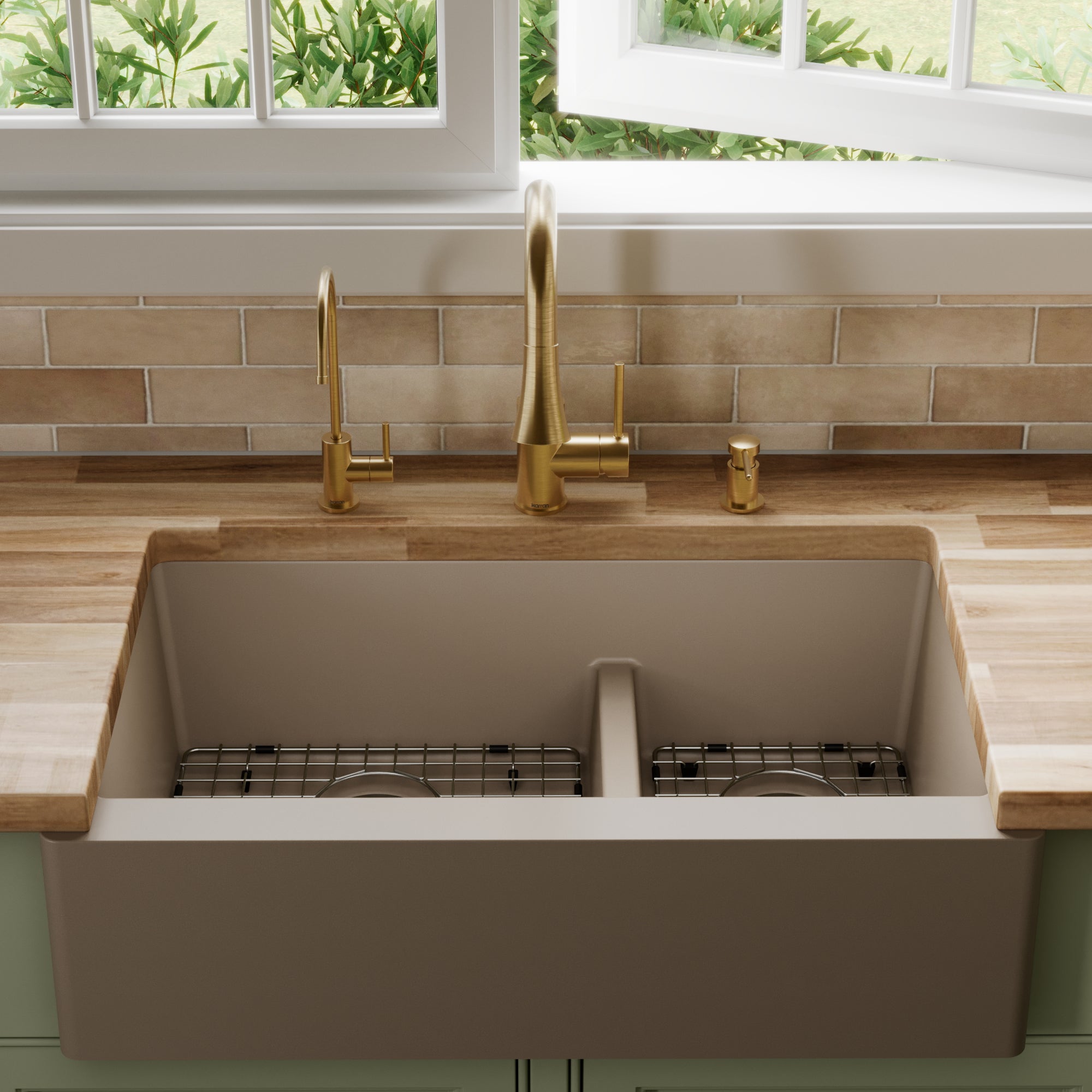 34" Farmhouse Double Offset Bowl Quartz Composite Kitchen Sink Kit In Concrete