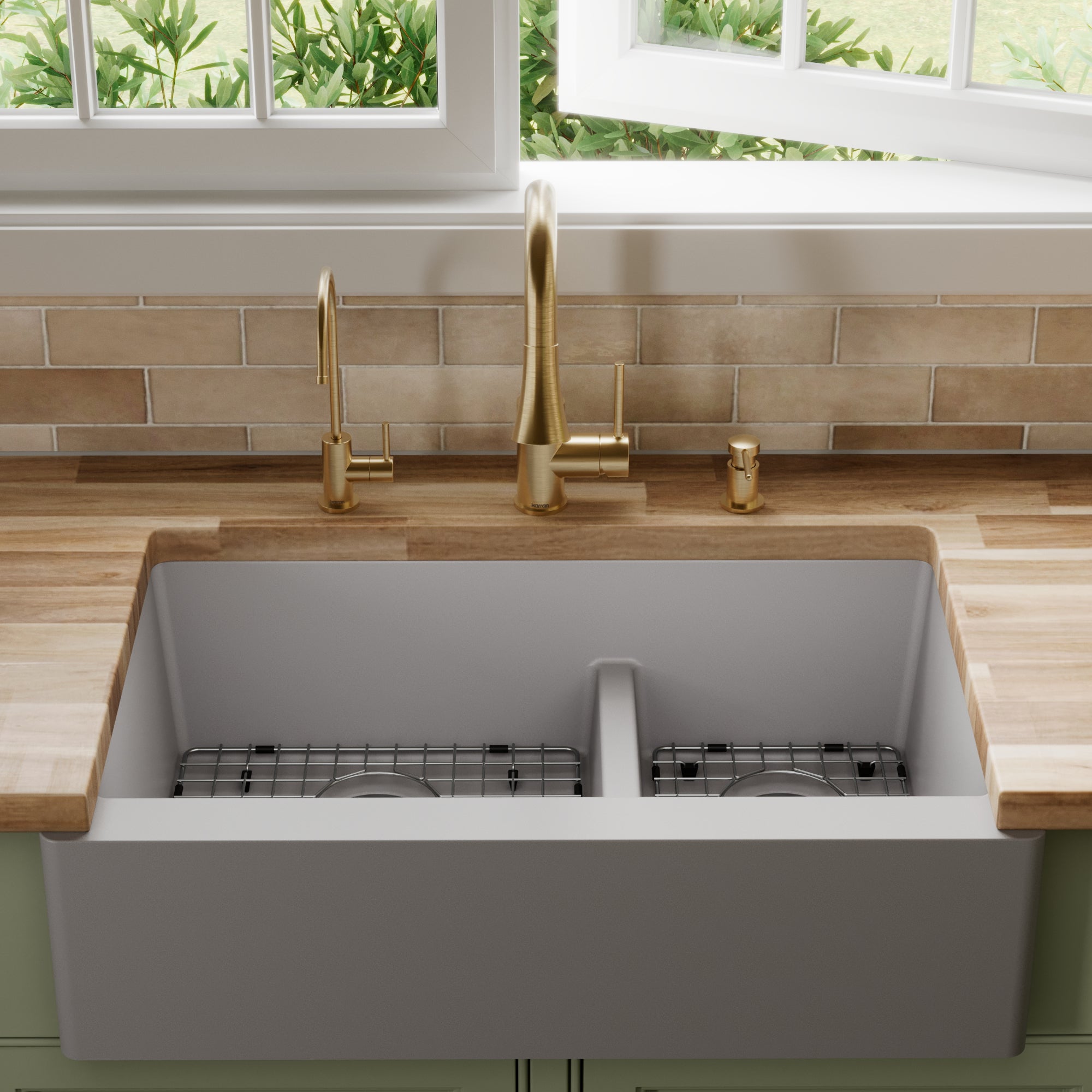 34" Farmhouse Double Offset Bowl Quartz Composite Kitchen Sink Kit In Grey
