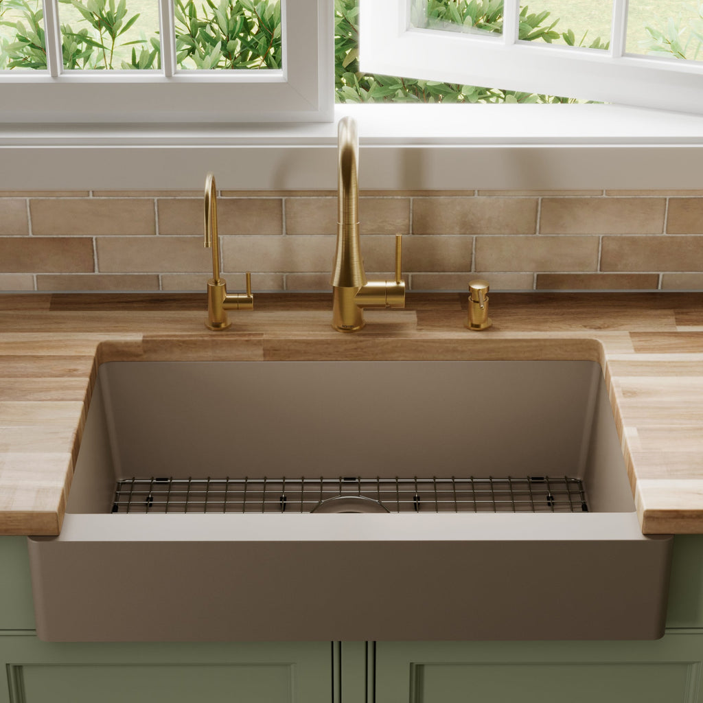 34" Retrofit Farmhouse Large Single Bowl Quartz Composite Kitchen Sink Kit In Concrete