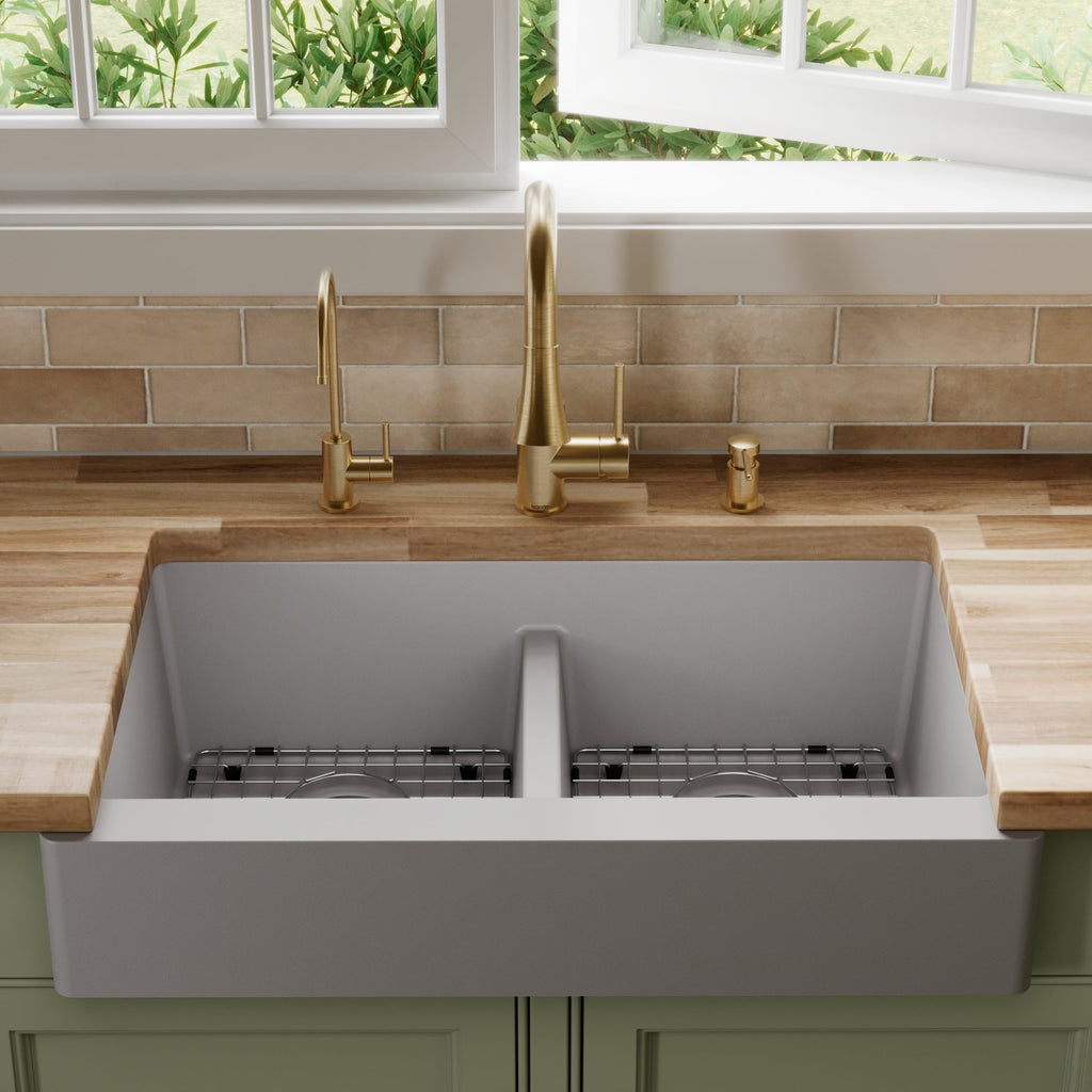 34" Retrofit Farmhouse Double Equal Bowl Quartz Composite Kitchen Sink Kit In Grey