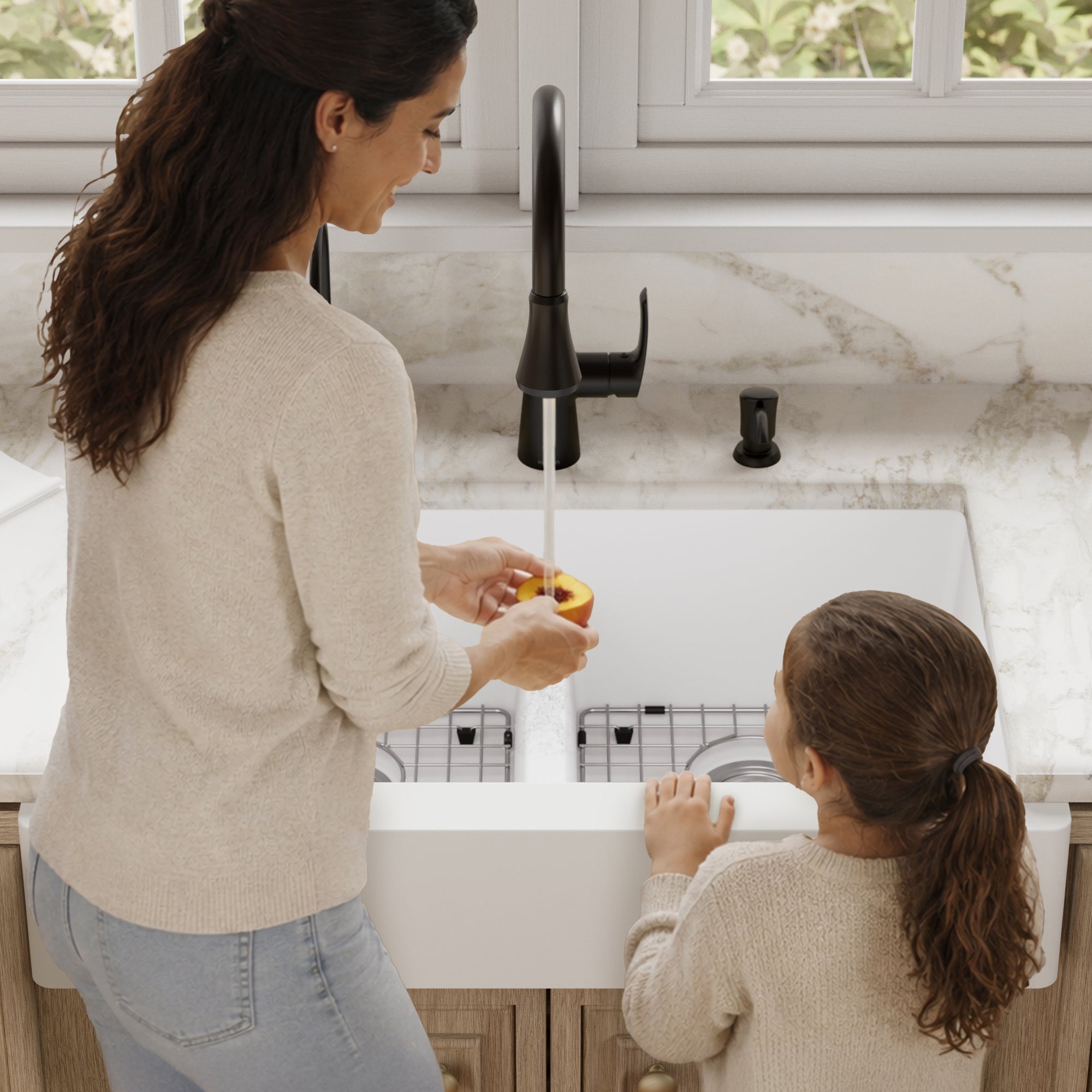 34" Retrofit Farmhouse Double Equal Bowl Quartz Composite Kitchen Sink Kit In White