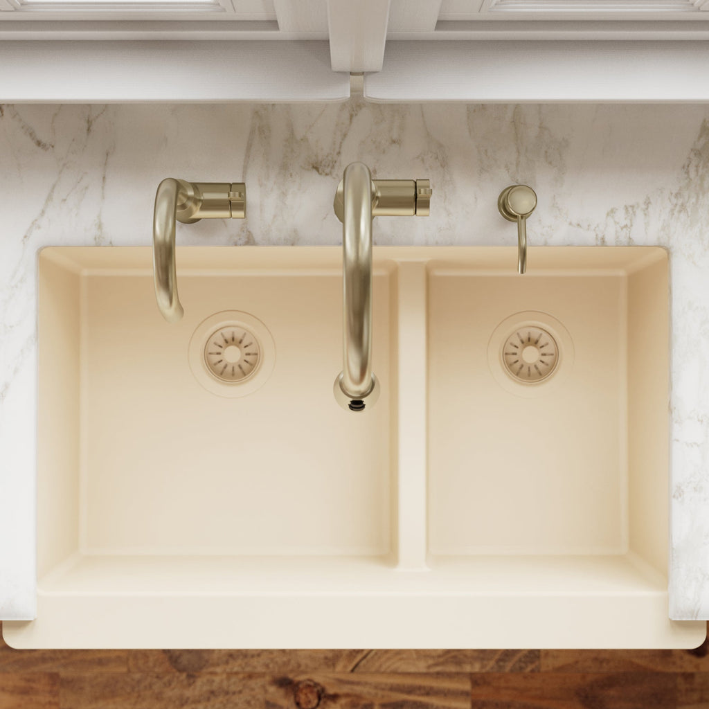 34" Retrofit Farmhouse Double Offset Bowl Quartz Composite Kitchen Sink In Bisque