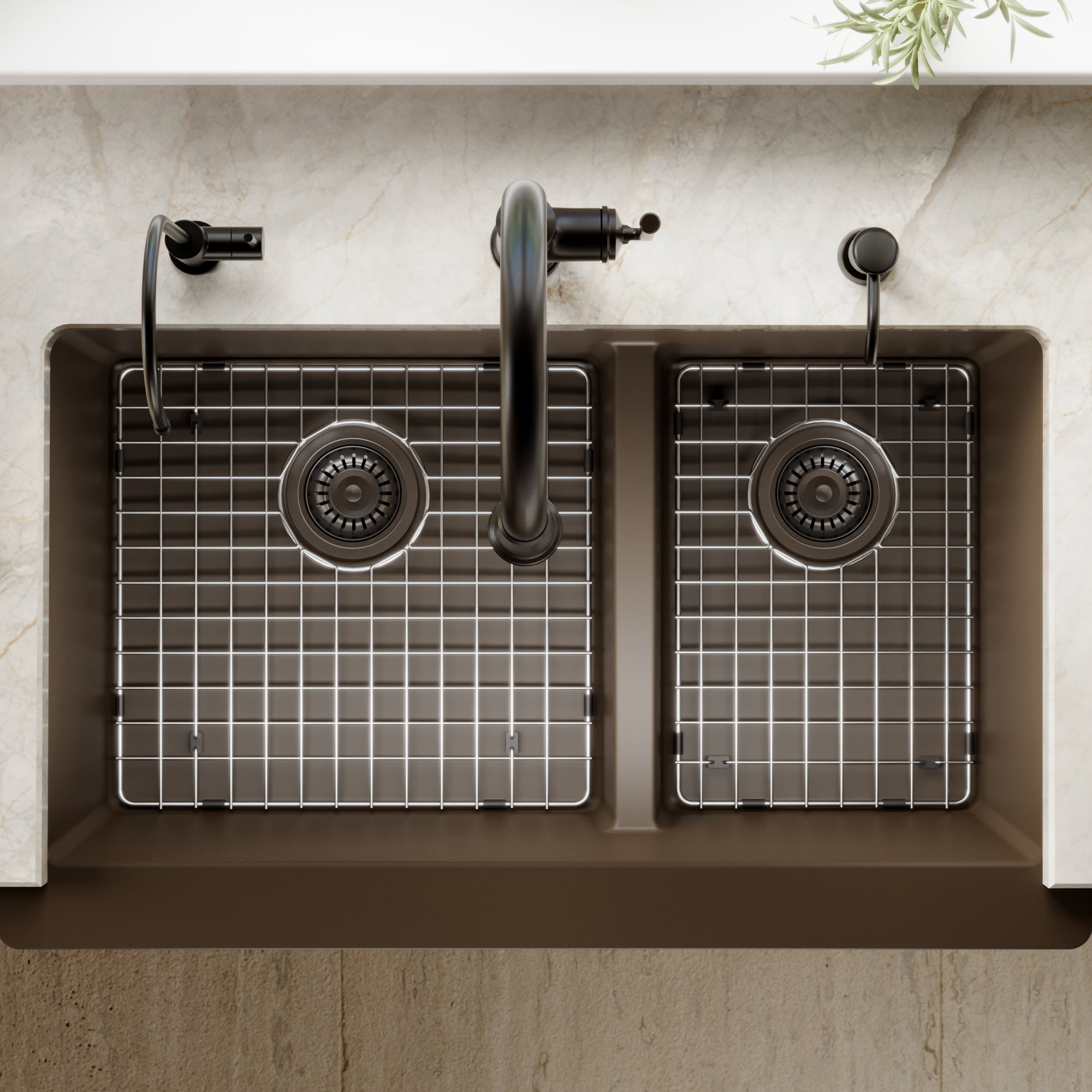 34" Retrofit Farmhouse Double Offset Bowl Quartz Composite Kitchen Sink Kit In Brown