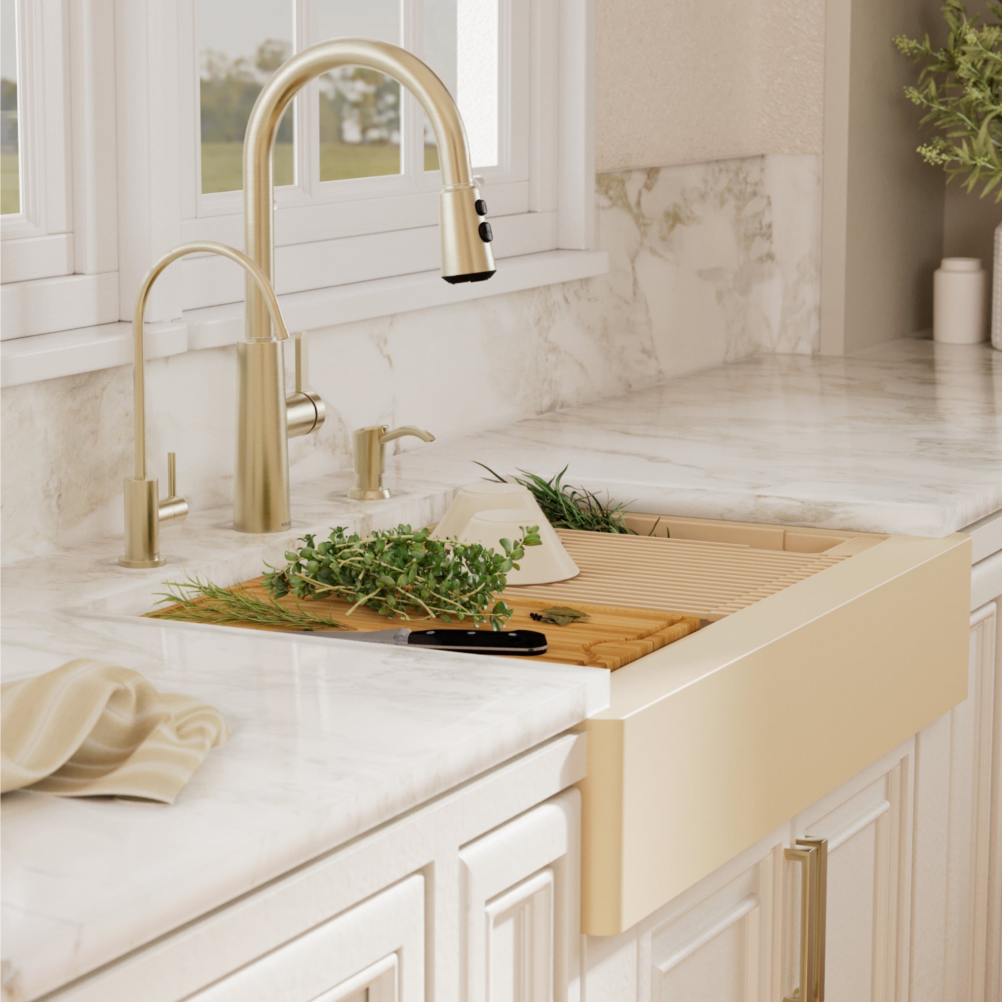 34" Apron Front Single Bowl Quartz Kitchen Sink Kit In Bisque