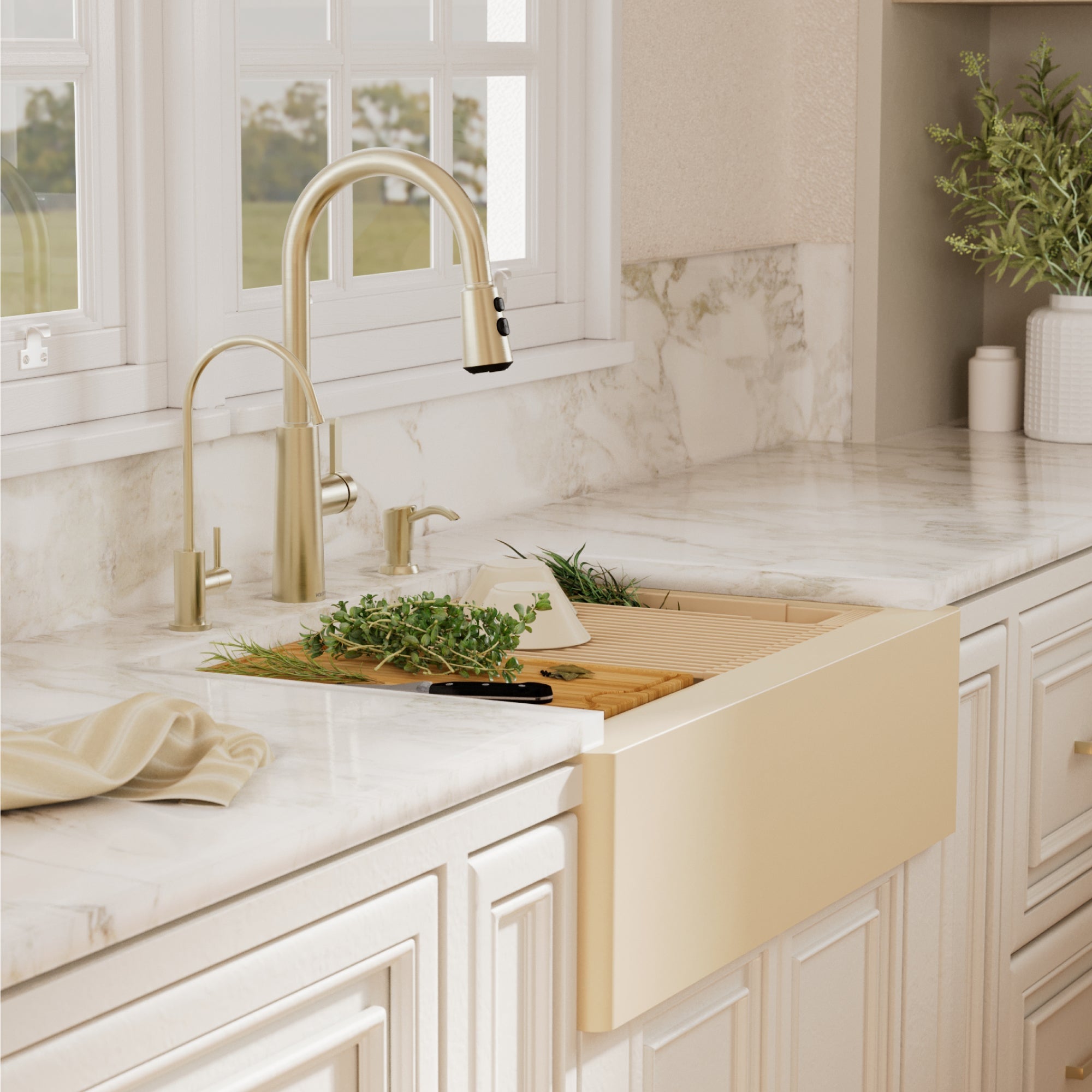 34" Deep Apron Front Single Bowl Quartz Kitchen Sink Kit In Bisque
