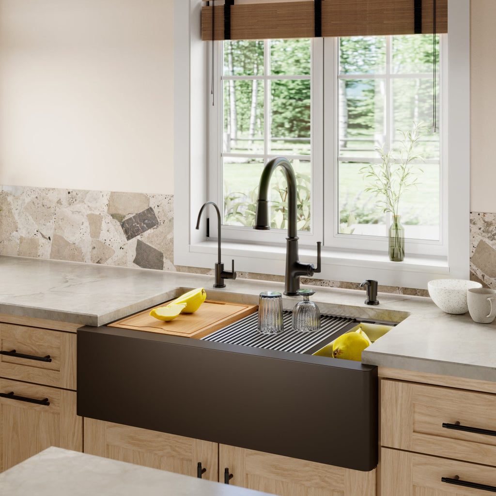 34" Farmhouse Large Single Bowl Quartz Composite Workstation Kitchen Sink In Brown
