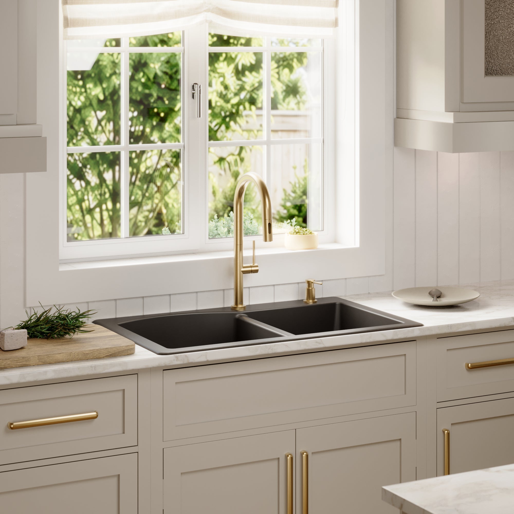 33" Top Mount Double Offset Bowl Quartz Composite Kitchen Sink Kit In Black