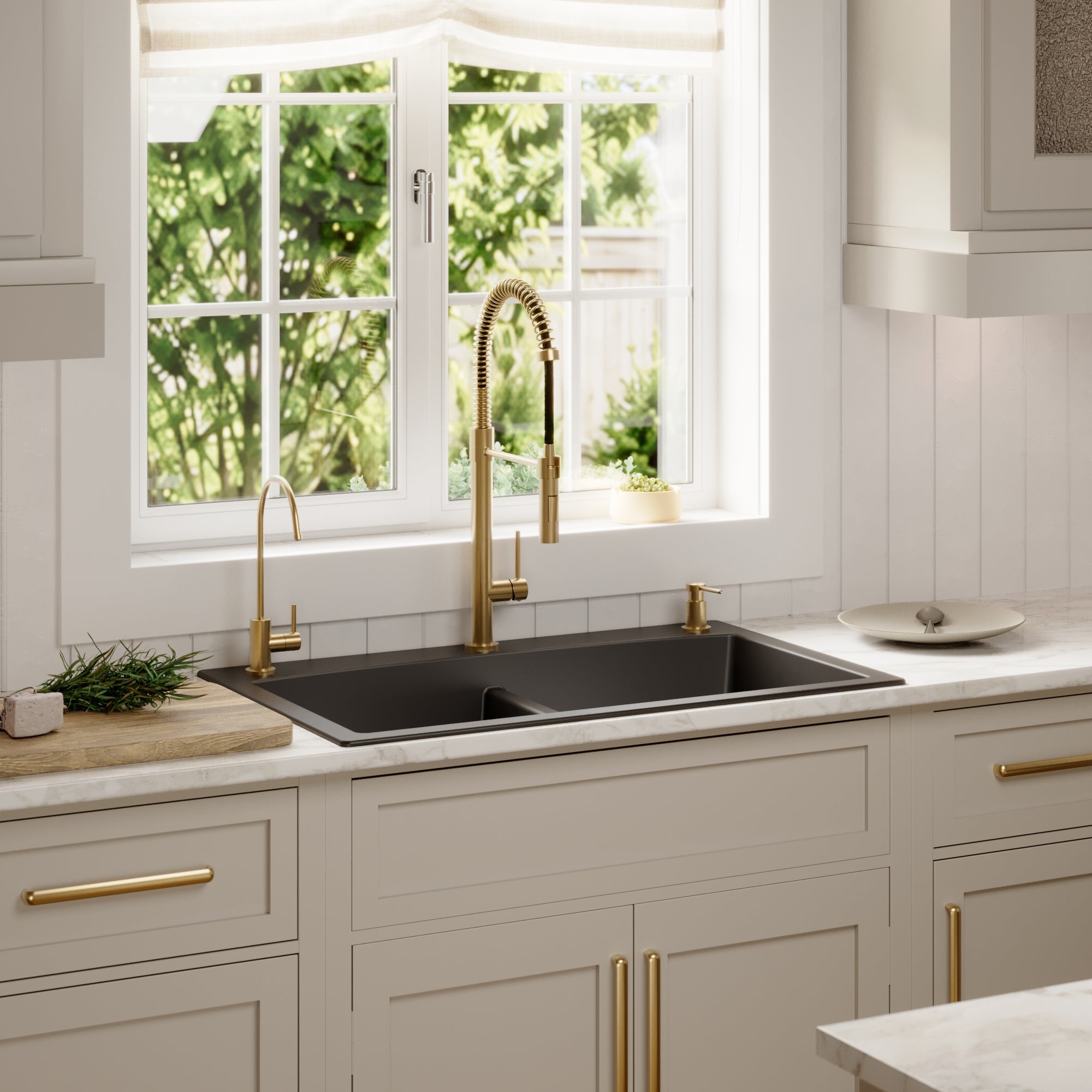 33" Top Mount Double Equal Bowl Quartz Composite Kitchen Sink Kit In Black