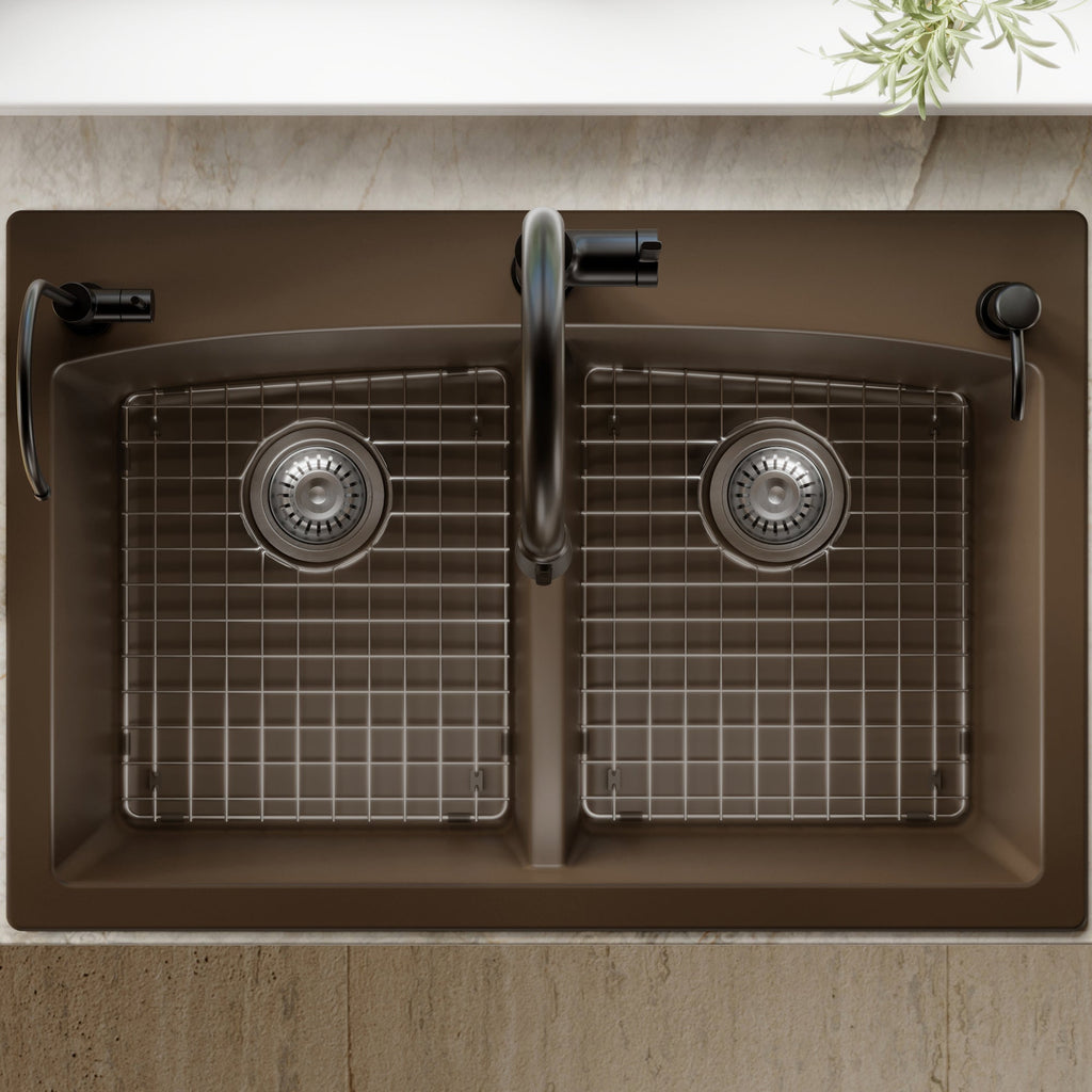 33" Top Mount Double Equal Bowl Quartz Composite Kitchen Sink Kit In Brown