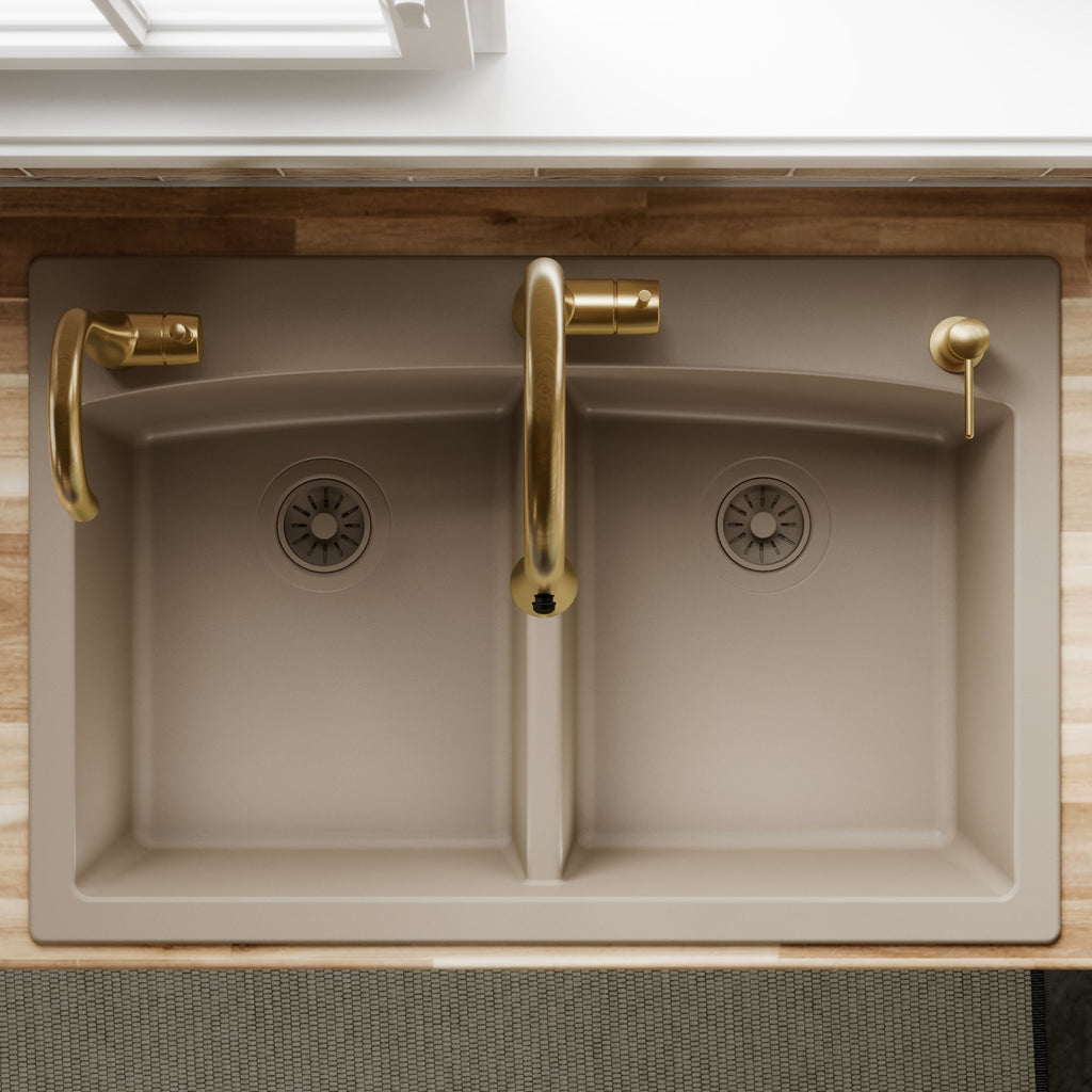 33" Top Mount Double Equal Bowl Quartz Composite Kitchen Sink In Concrete