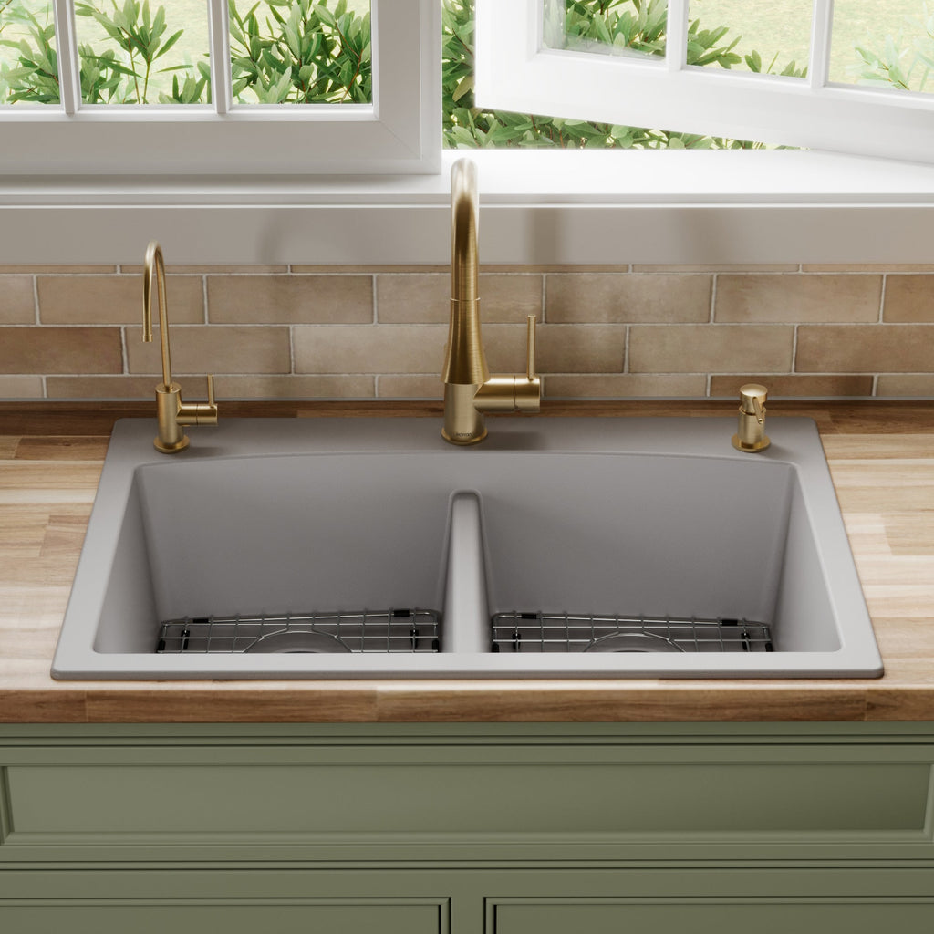 33" Top Mount Double Equal Bowl Quartz Composite Kitchen Sink Kit In Grey