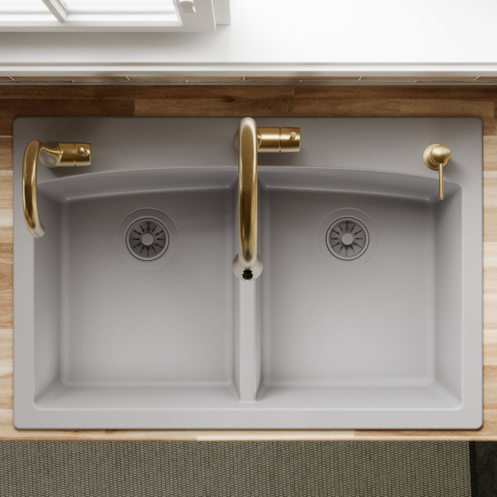 33" Top Mount Double Equal Bowl Quartz Composite Kitchen Sink In Grey
