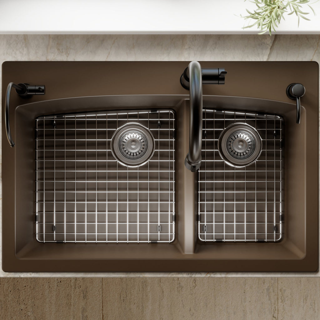 33" Top MountDouble Offset Bowl Quartz Composite Kitchen Sink Kit In Brown