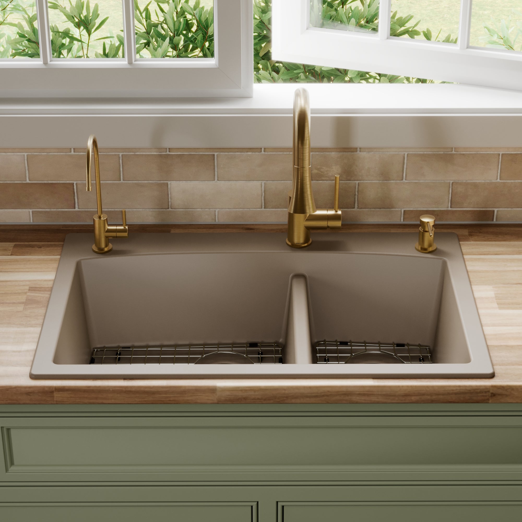 33" Top Mount Double Offset Bowl Quartz Composite Kitchen Sink Kit In Concrete