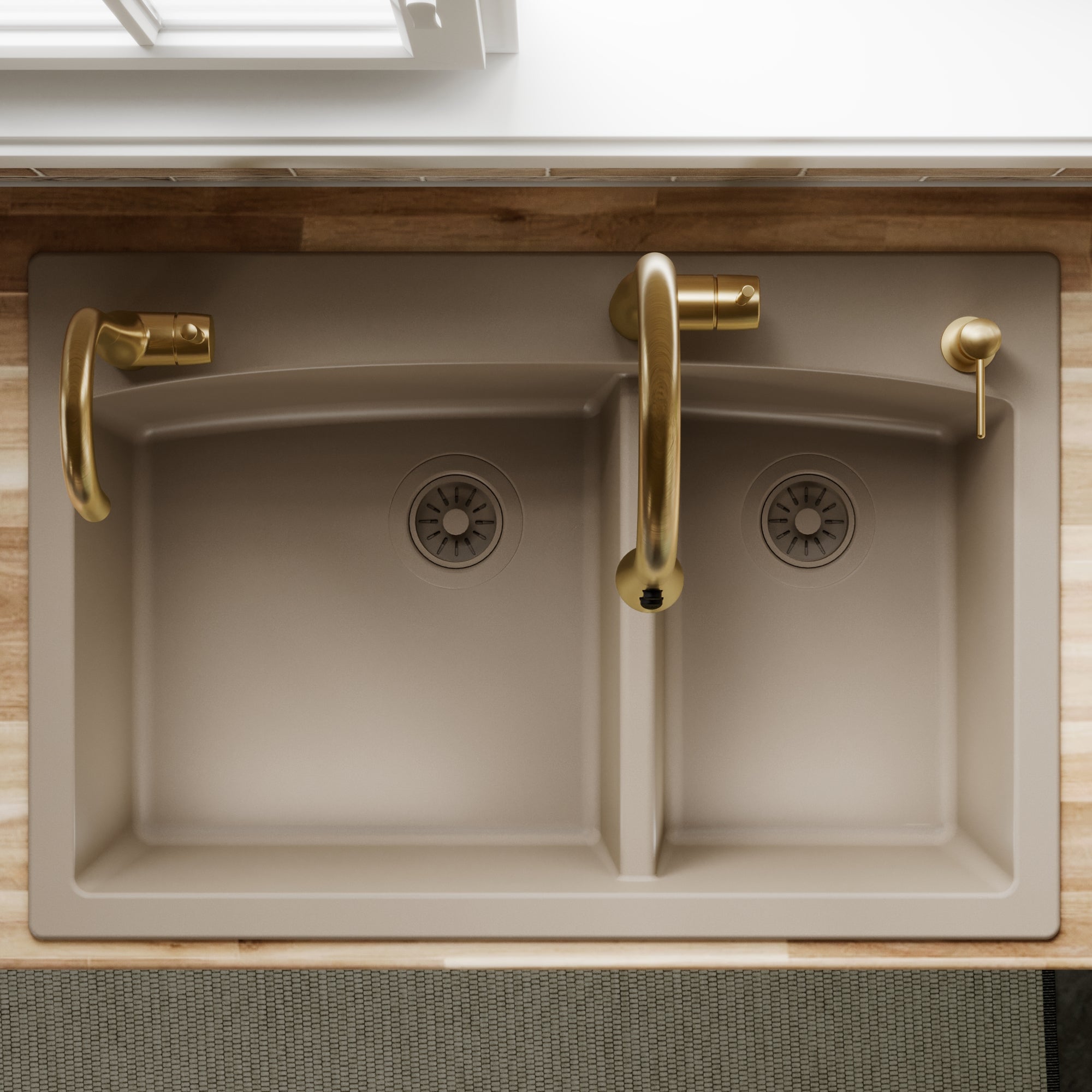33" Top Mount Double Offset Bowl Quartz Composite Kitchen Sink In Concrete