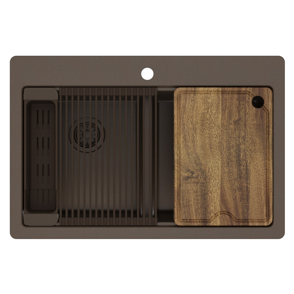 33" Top Mount Double Bowl Quartz Kitchen Sink Kit In Brown