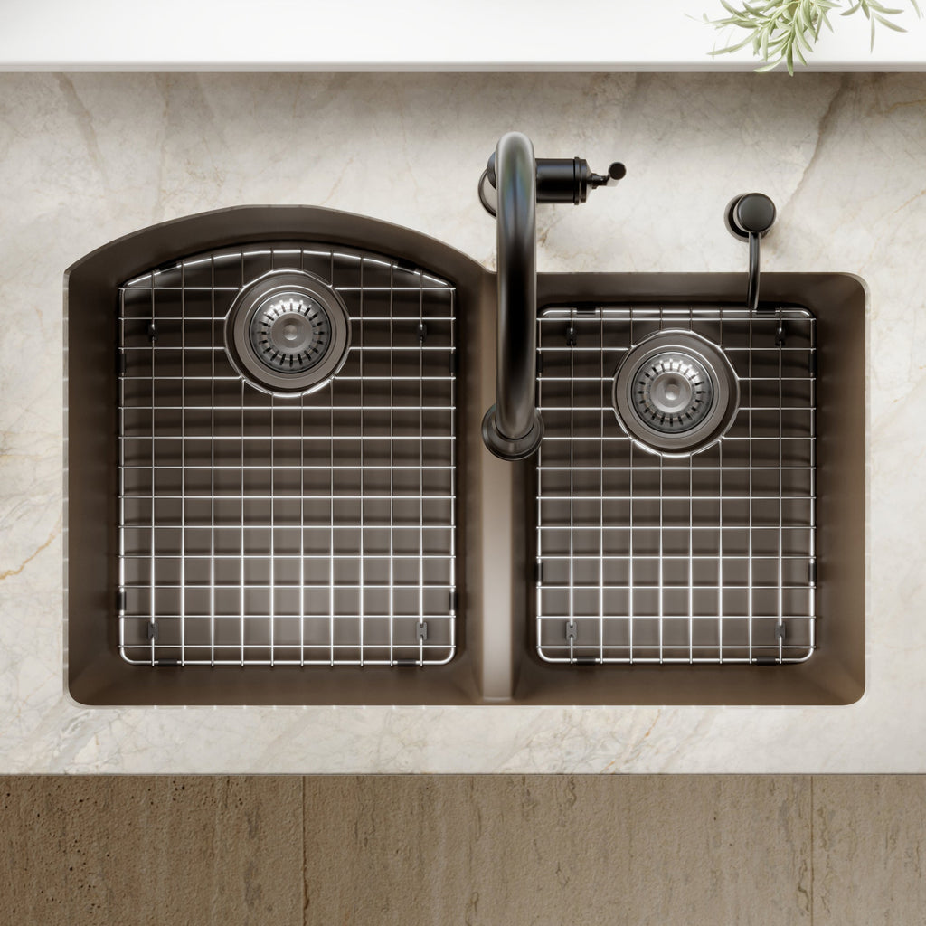 32-1/4" Undermount Double Offset Bowl Quartz Composite Kitchen Sink Kit In Brown
