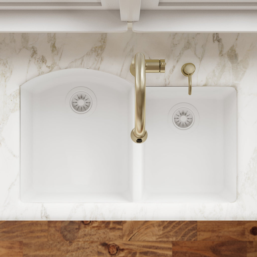 32-1/4" Undermount Double Offset Bowl Quartz Composite Kitchen Sink In White