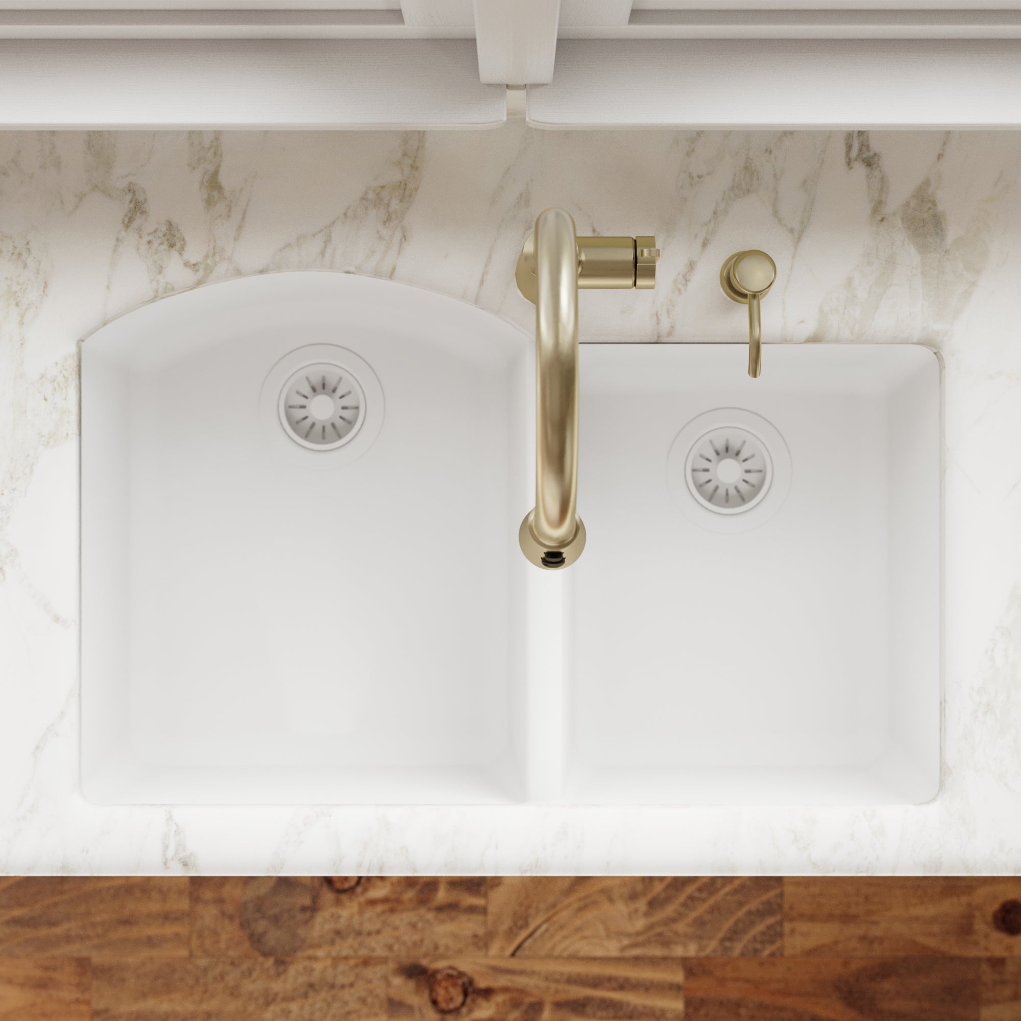 32-1/4" Undermount Double Offset Bowl Quartz Composite Kitchen Sink In White