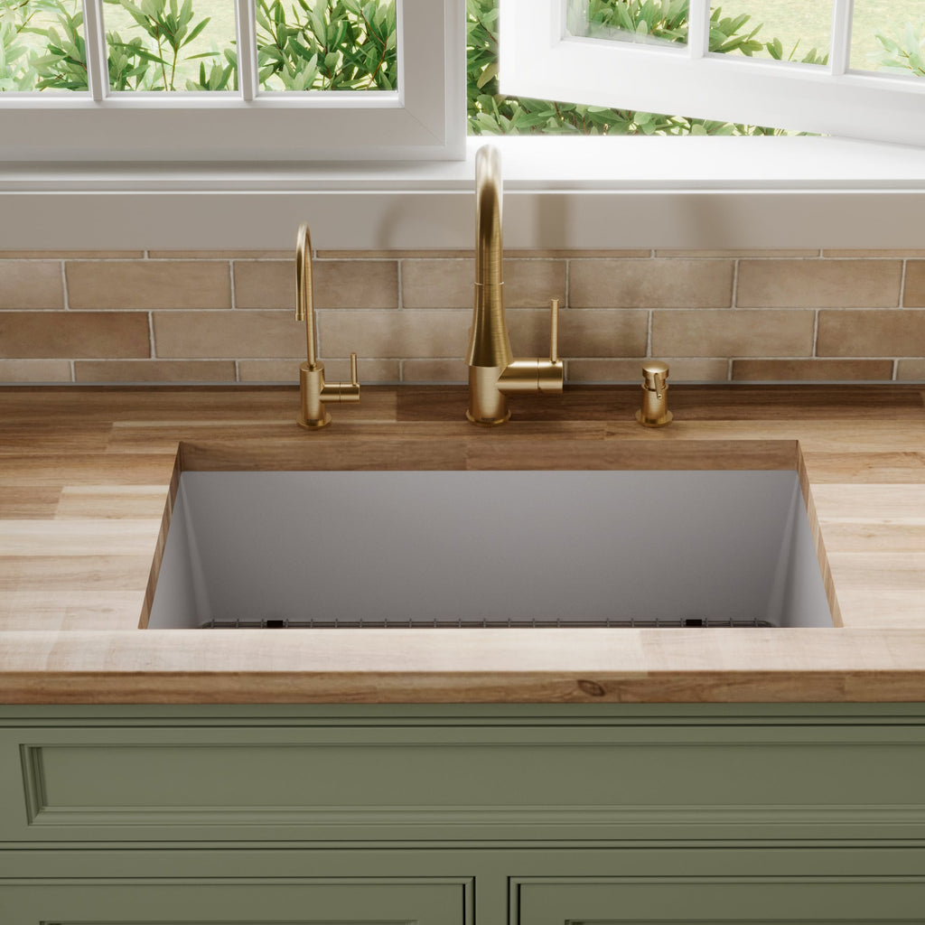 31-5/8" Undermount Large Single Bowl Quartz Composite Kitchen Sink Kit In Grey
