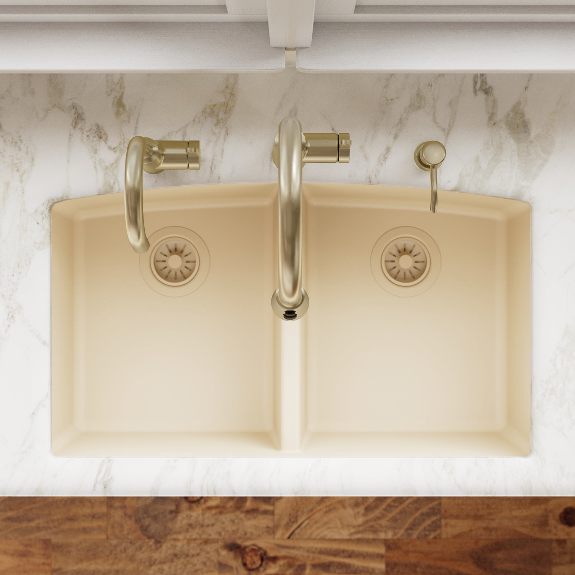 32-1/2" Undermount Double Equal Bowl Quartz Composite Kitchen Sink In Bisque