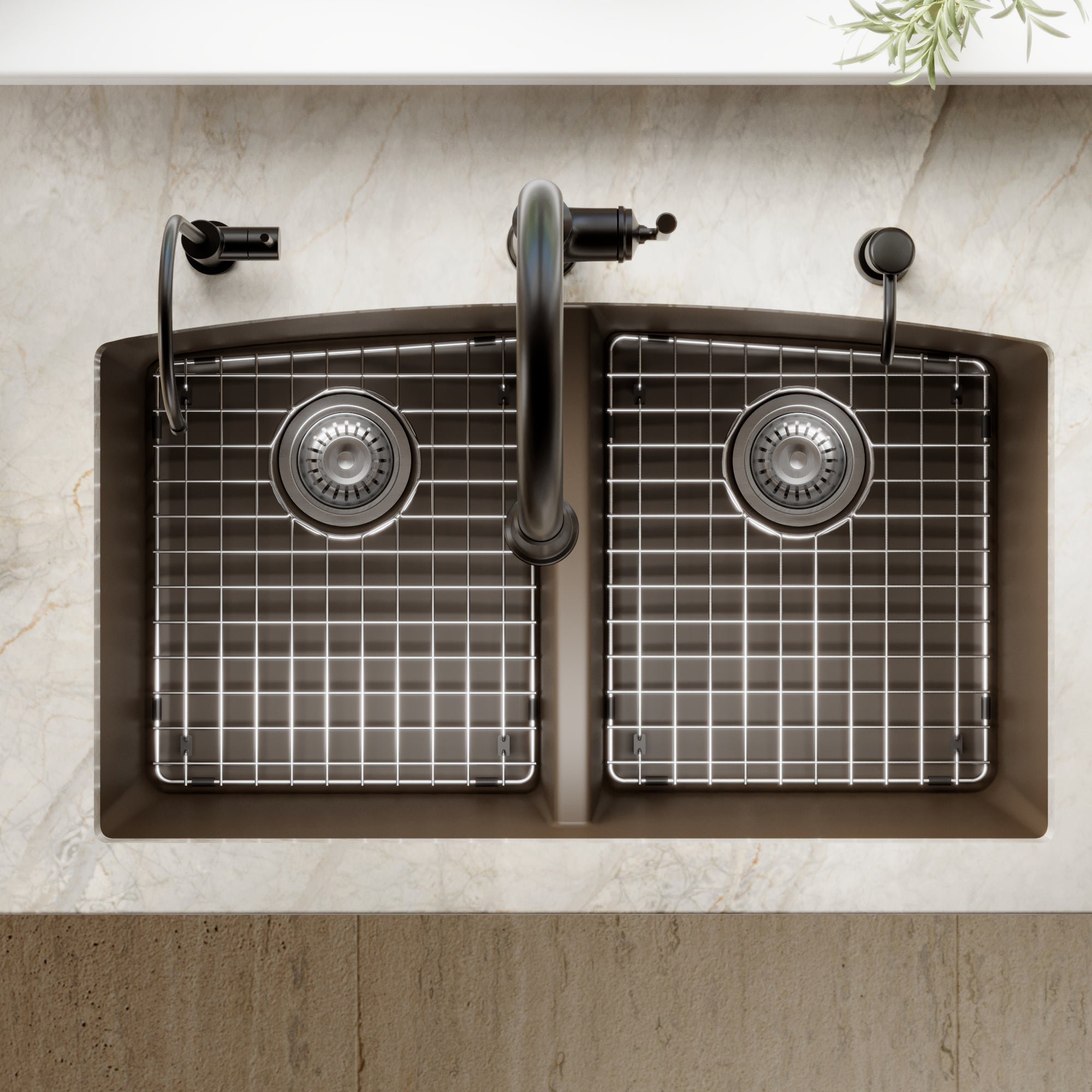 32-1/2" Undermount Double Equal Bowl Quartz Composite Kitchen Sink Kit In Brown