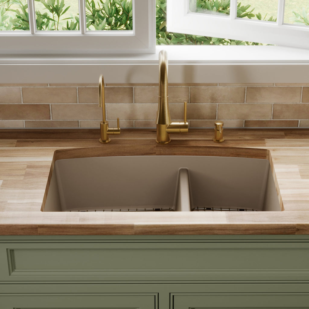 32-1/2" Undermount Double Equal Bowl Quartz Composite Kitchen Sink Kit In Concrete