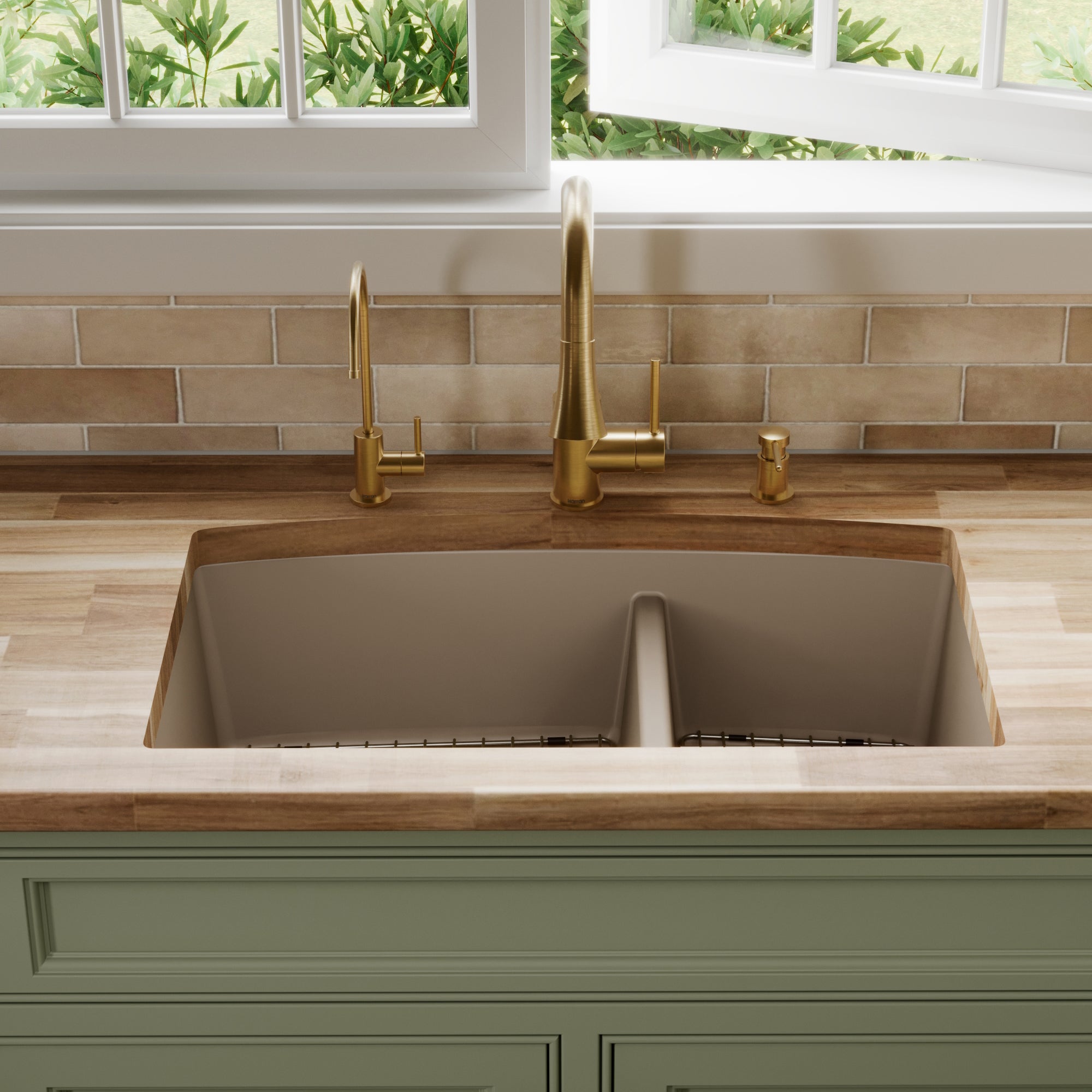 32-1/2" Undermount Double Equal Bowl Quartz Composite Kitchen Sink Kit In Concrete
