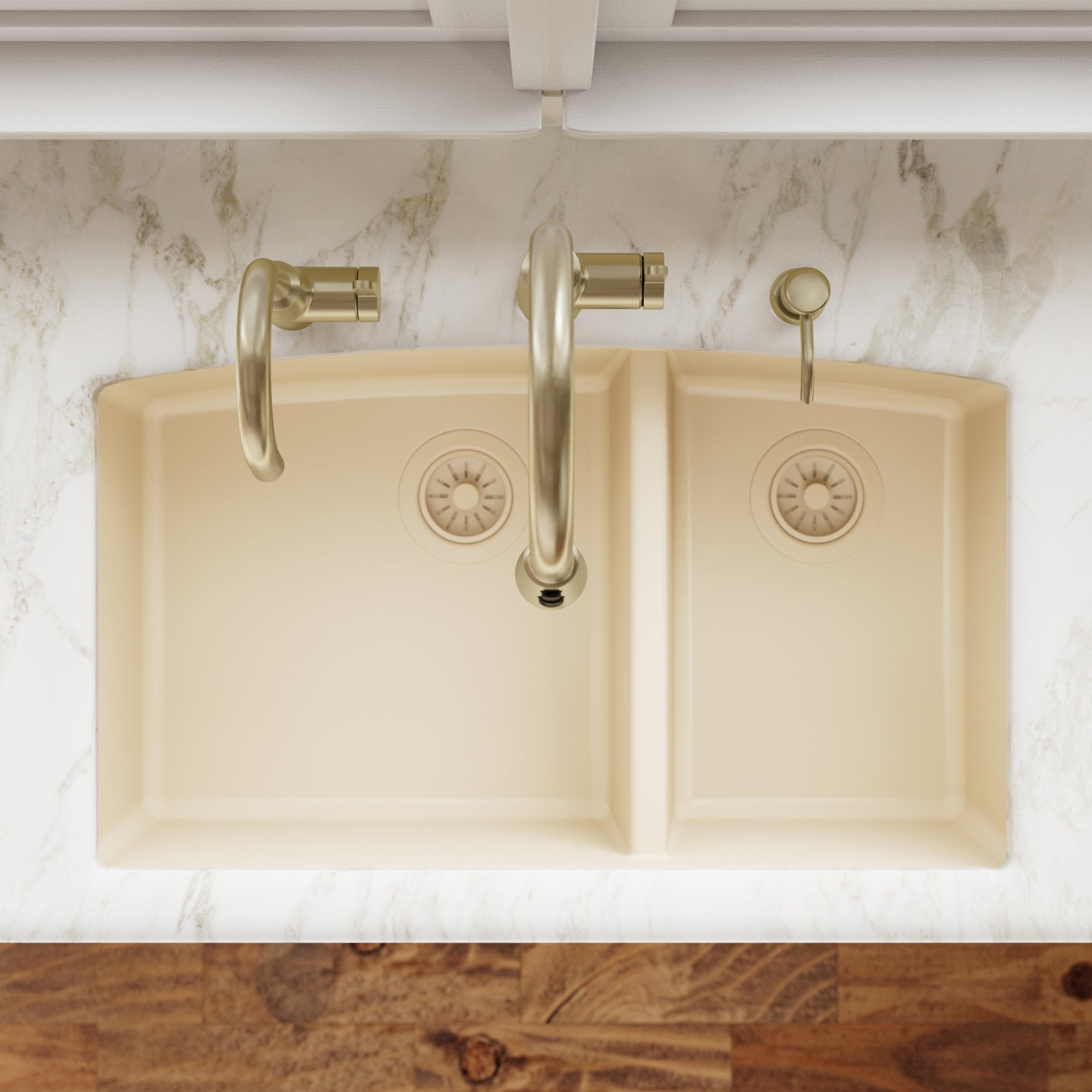32-1/2" Undermount Double Offset Bowl Quartz Composite Kitchen Sink In Bisque