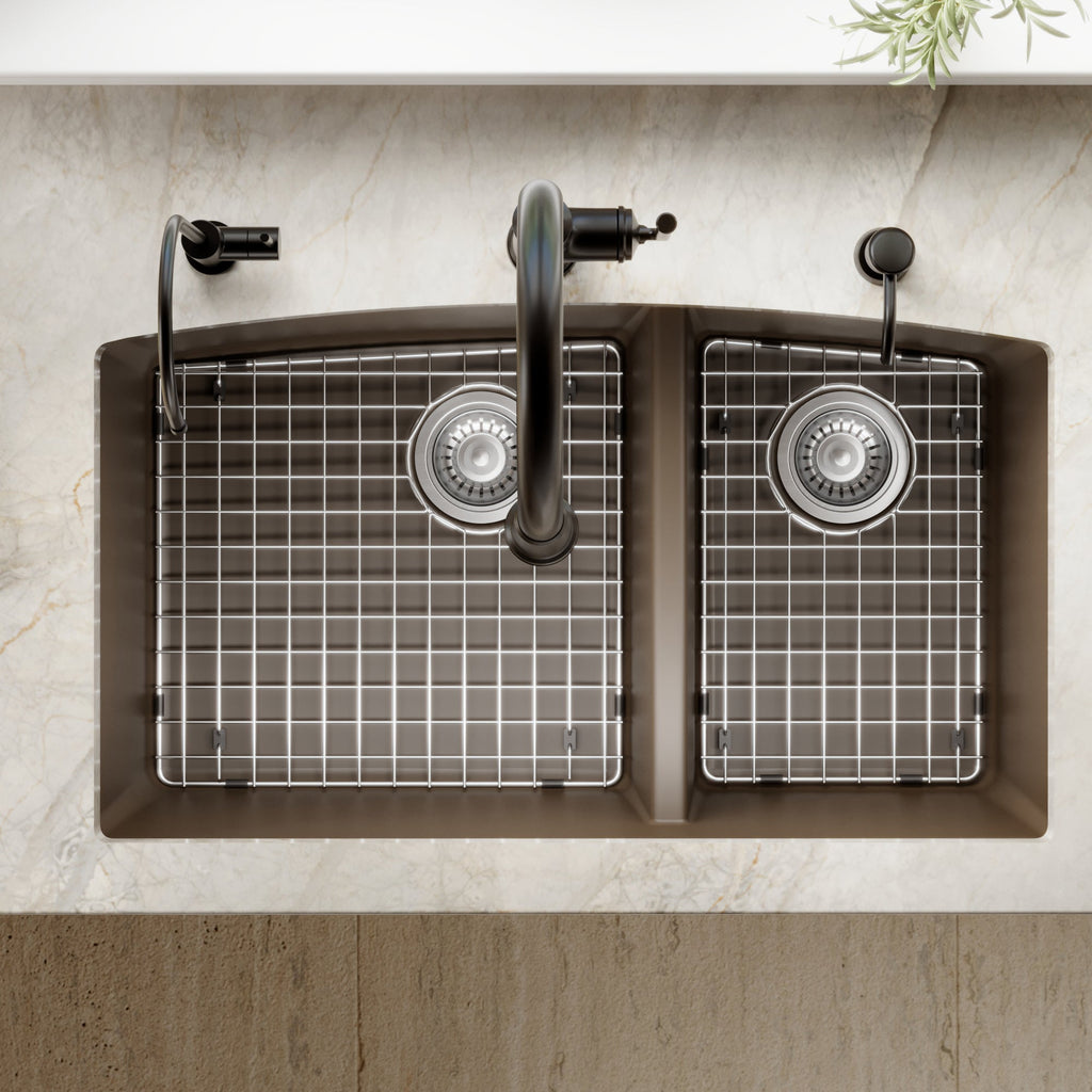32-1/2" Undermount Double Offset Bowl Quartz Composite Kitchen Sink Kit In Brown
