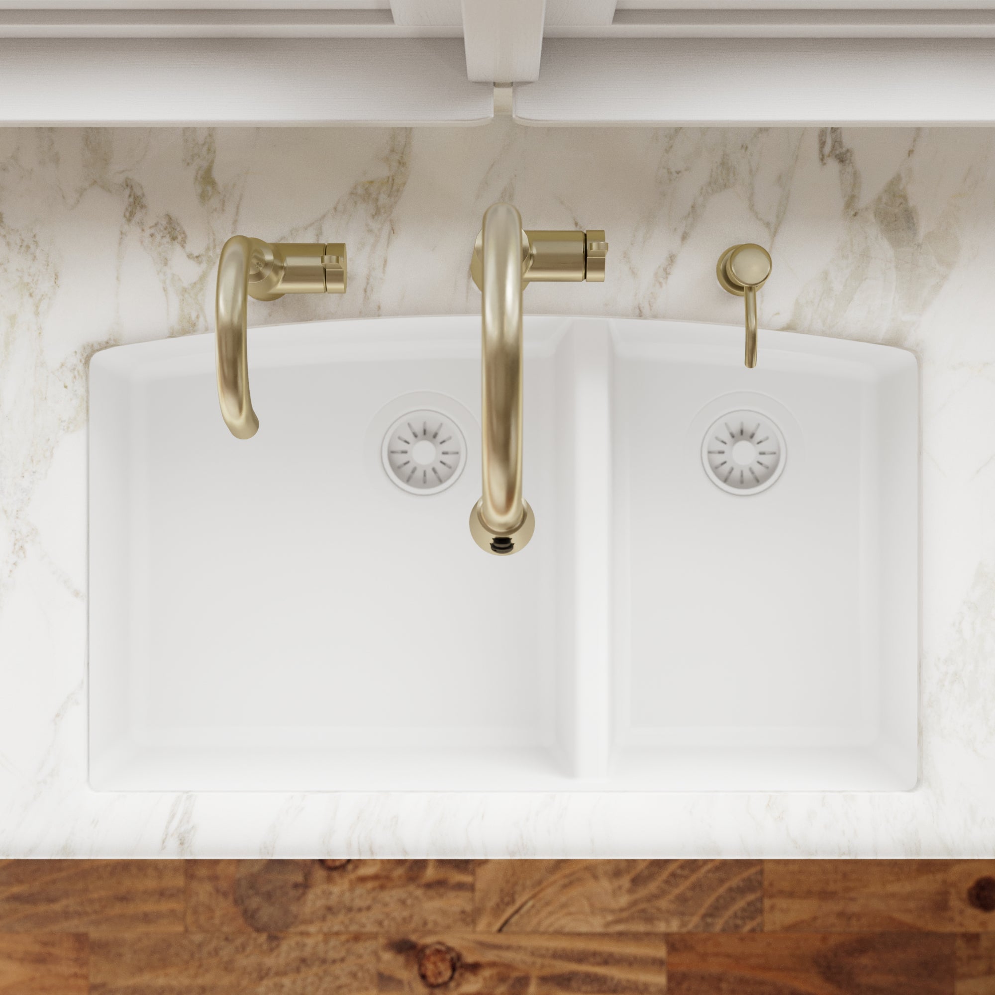 32-1/2" Undermount Double Offset Bowl Quartz Composite Kitchen Sink In White